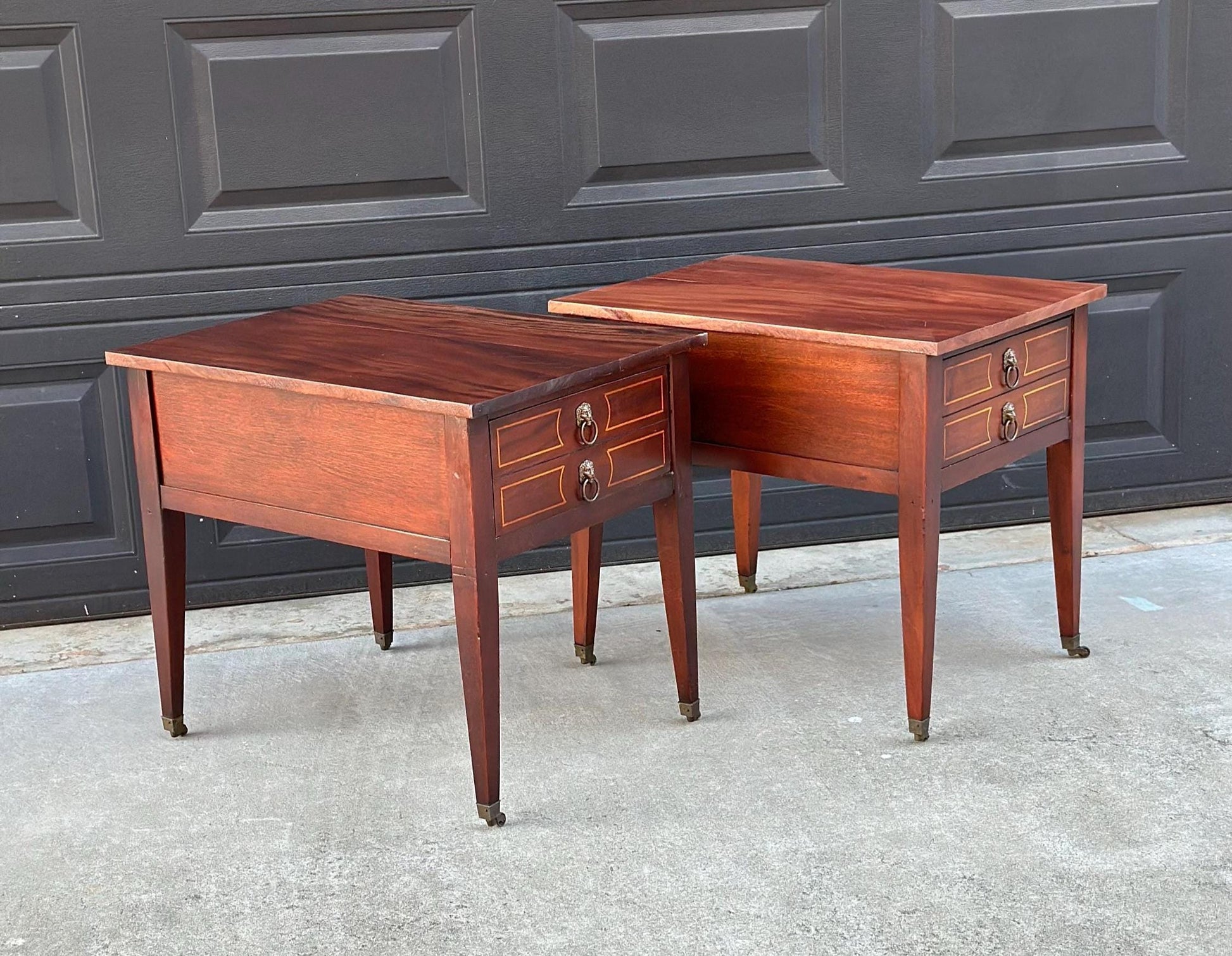 Antique Early 1900's Solid Mahogany Wood Banded Single Drawer Lion Head Tables on Casters - a Pair
