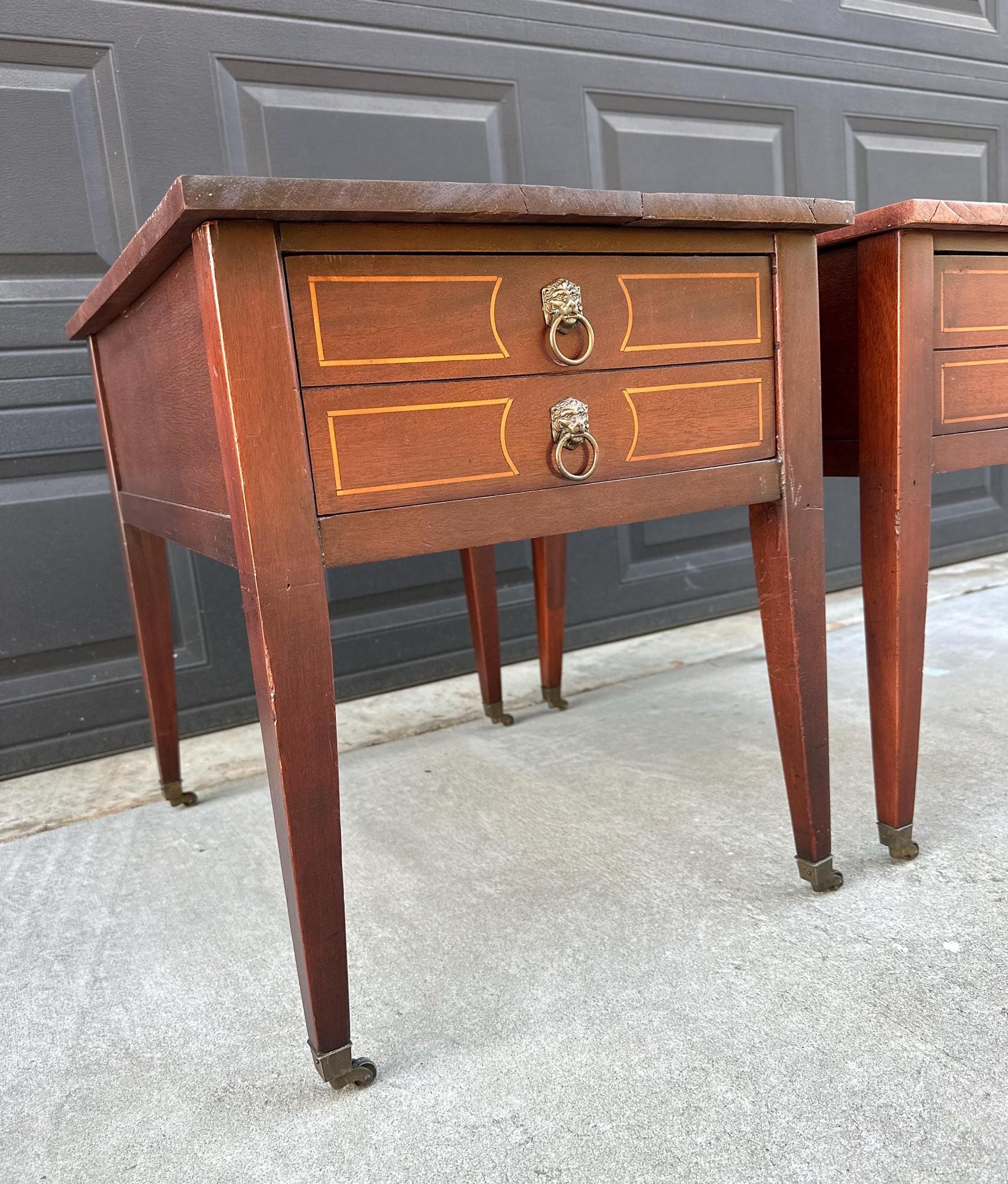 Antique Early 1900's Solid Mahogany Wood Banded Single Drawer Lion Head Tables on Casters - a Pair