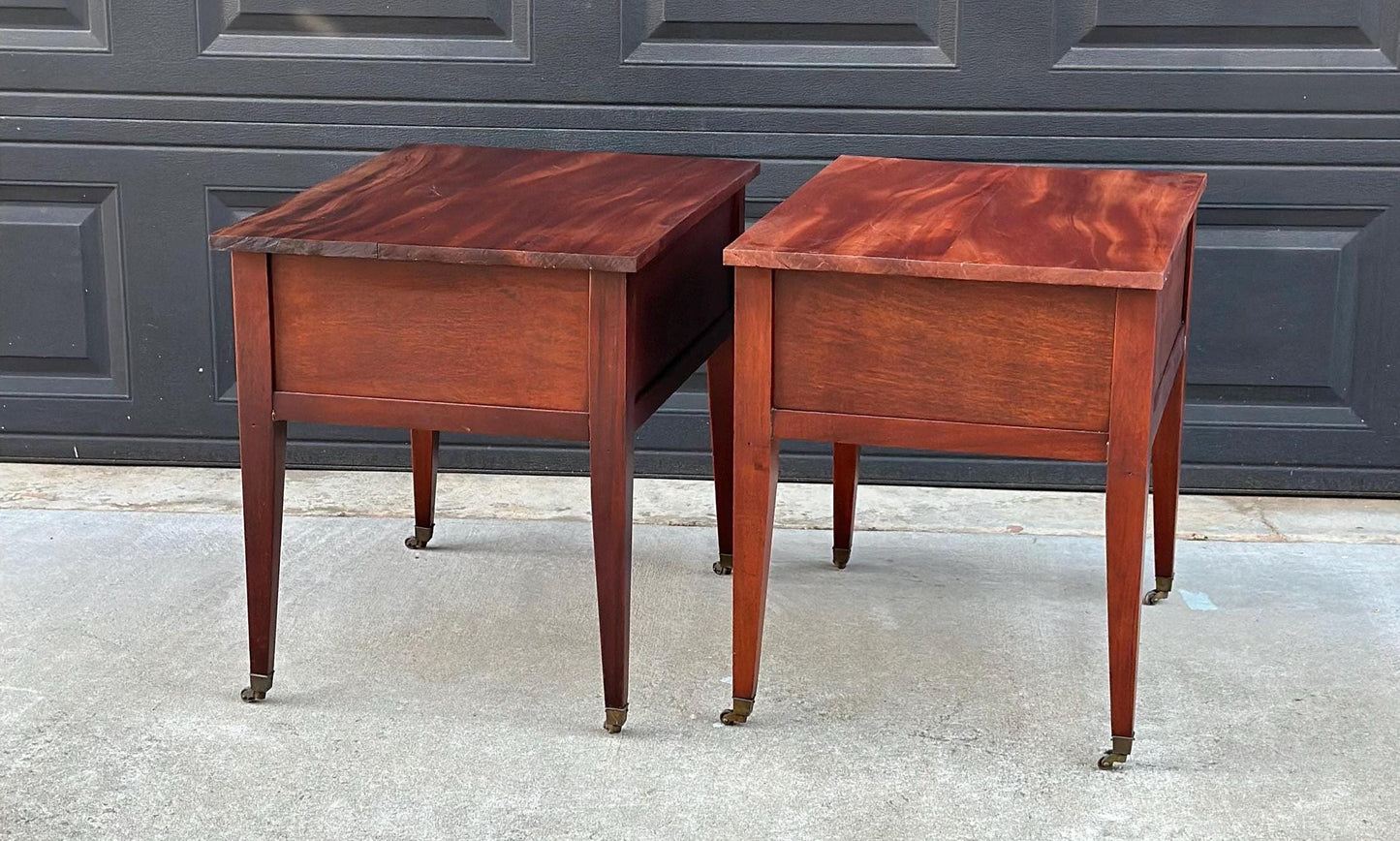 Antique Early 1900's Solid Mahogany Wood Banded Single Drawer Lion Head Tables on Casters - a Pair