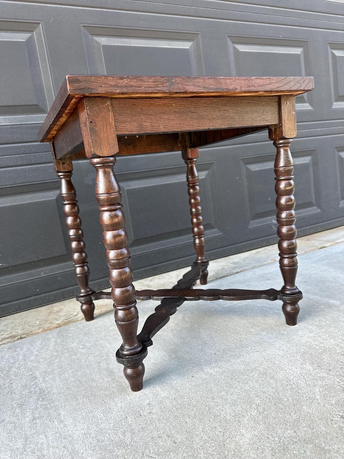 Antique Mid 1800's Emil Ihle Intricate Burl Wood Inlay Turned Leg End Table