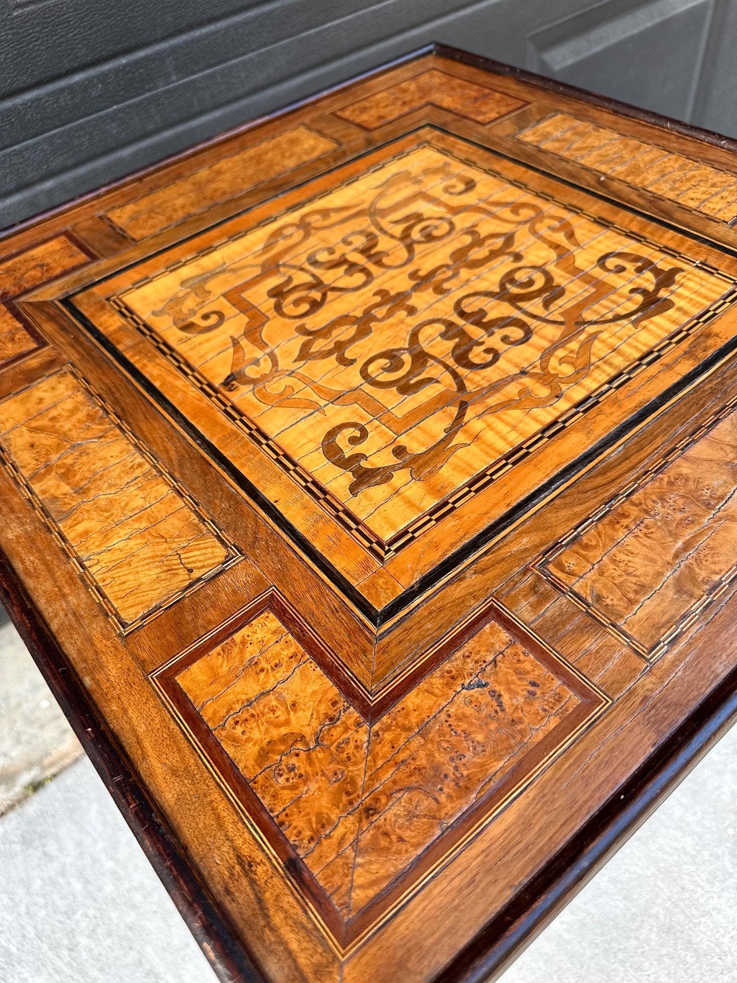 Antique Mid 1800's Emil Ihle Intricate Burl Wood Inlay Turned Leg End Table