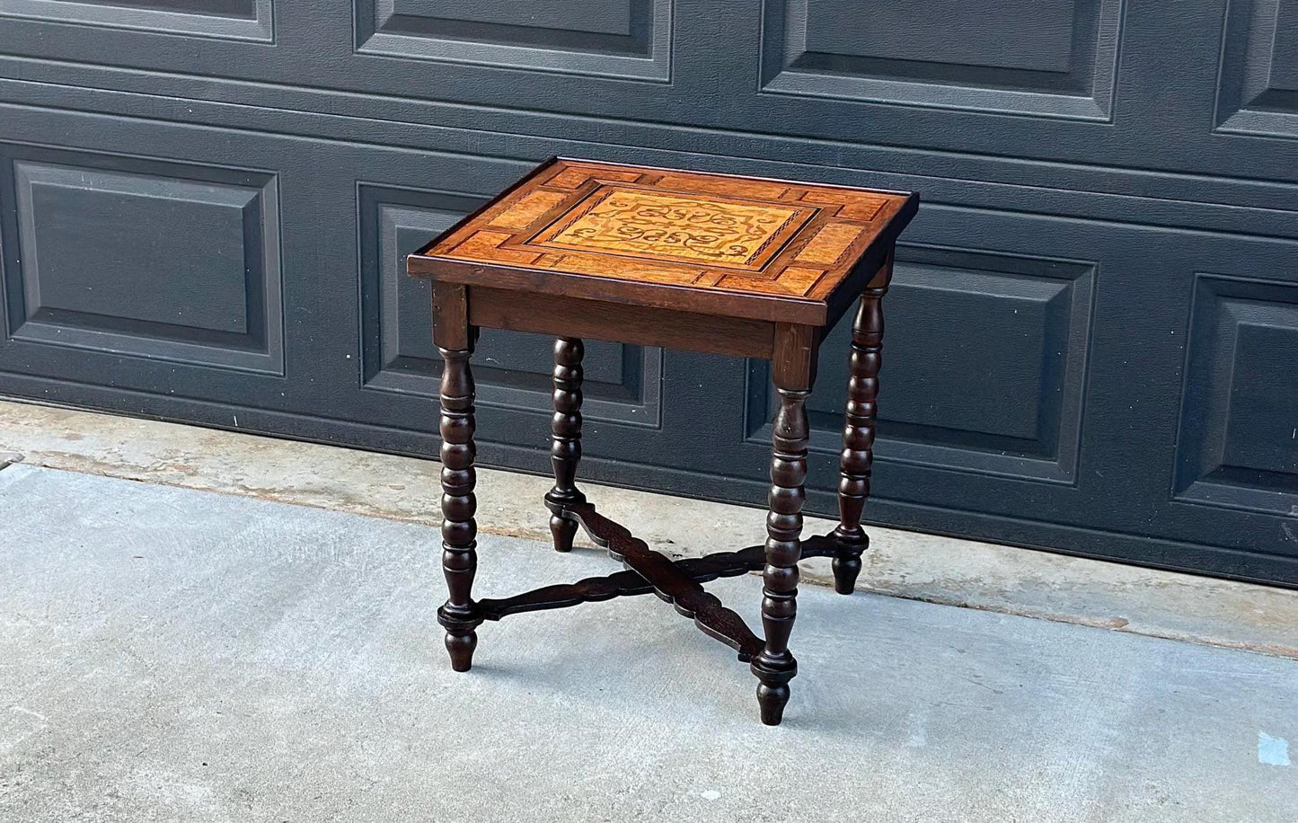 Antique Mid 1800's Emil Ihle Intricate Burl Wood Inlay Turned Leg End Table