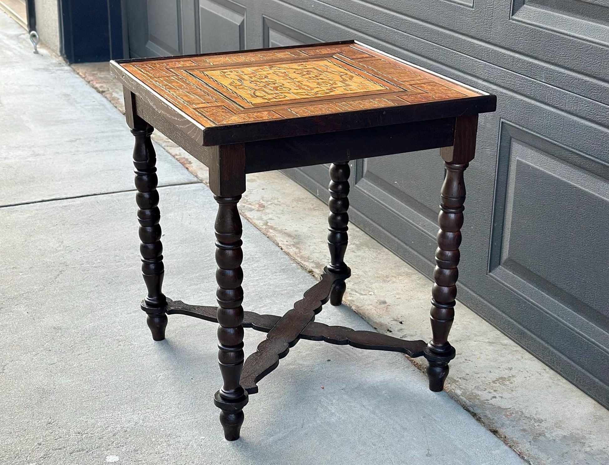 Antique Mid 1800's Emil Ihle Intricate Burl Wood Inlay Turned Leg End Table