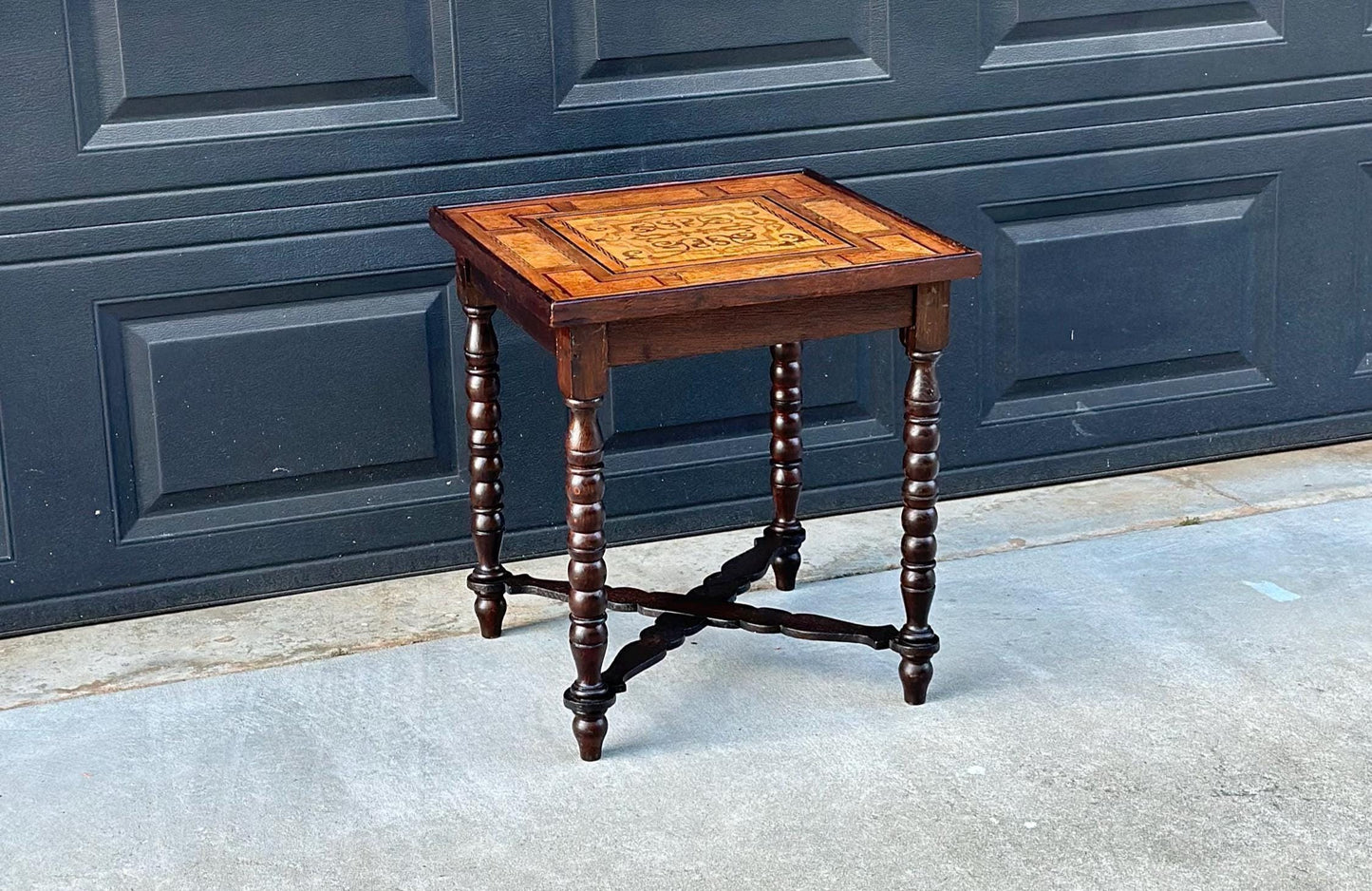 Antique Mid 1800's Emil Ihle Intricate Burl Wood Inlay Turned Leg End Table