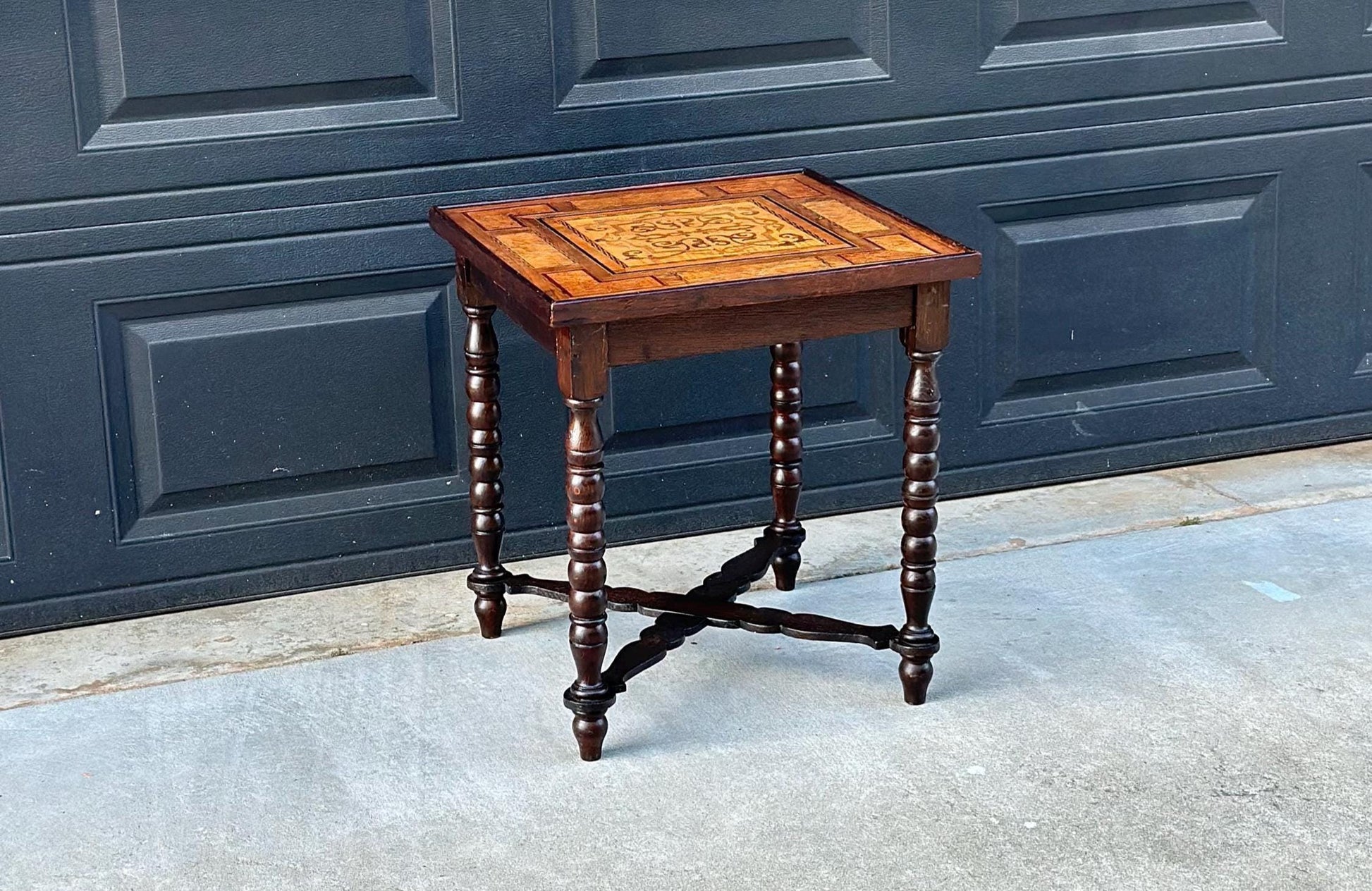 Antique Mid 1800's Emil Ihle Intricate Burl Wood Inlay Turned Leg End Table
