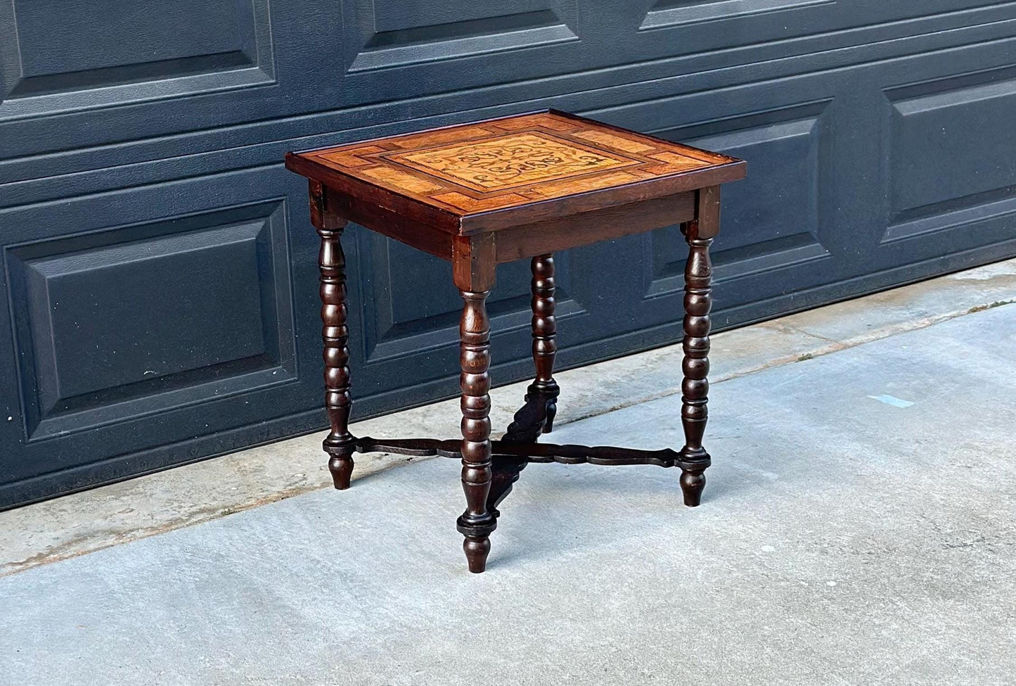 Antique Mid 1800's Emil Ihle Intricate Burl Wood Inlay Turned Leg End Table