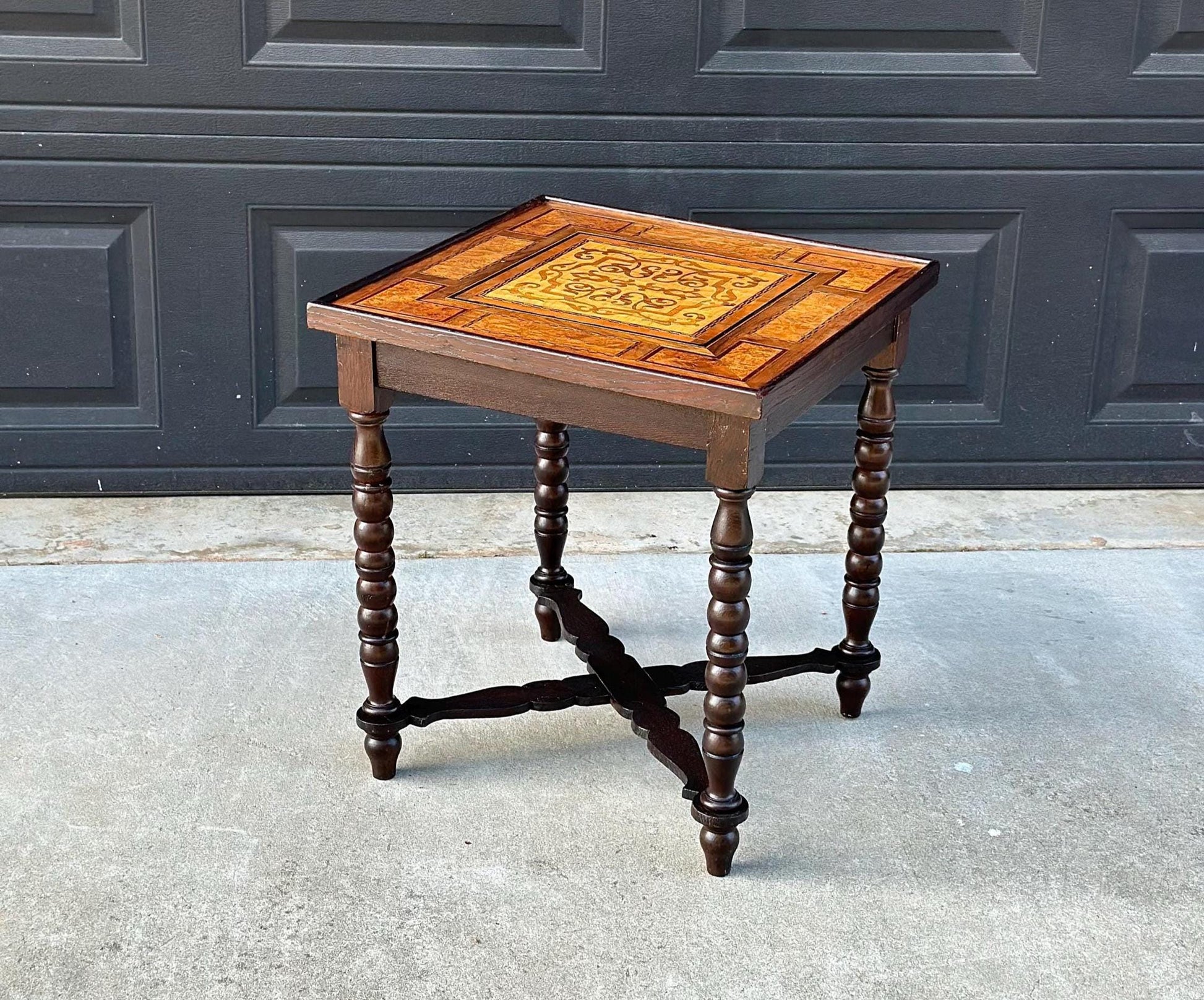 Antique Mid 1800's Emil Ihle Intricate Burl Wood Inlay Turned Leg End Table