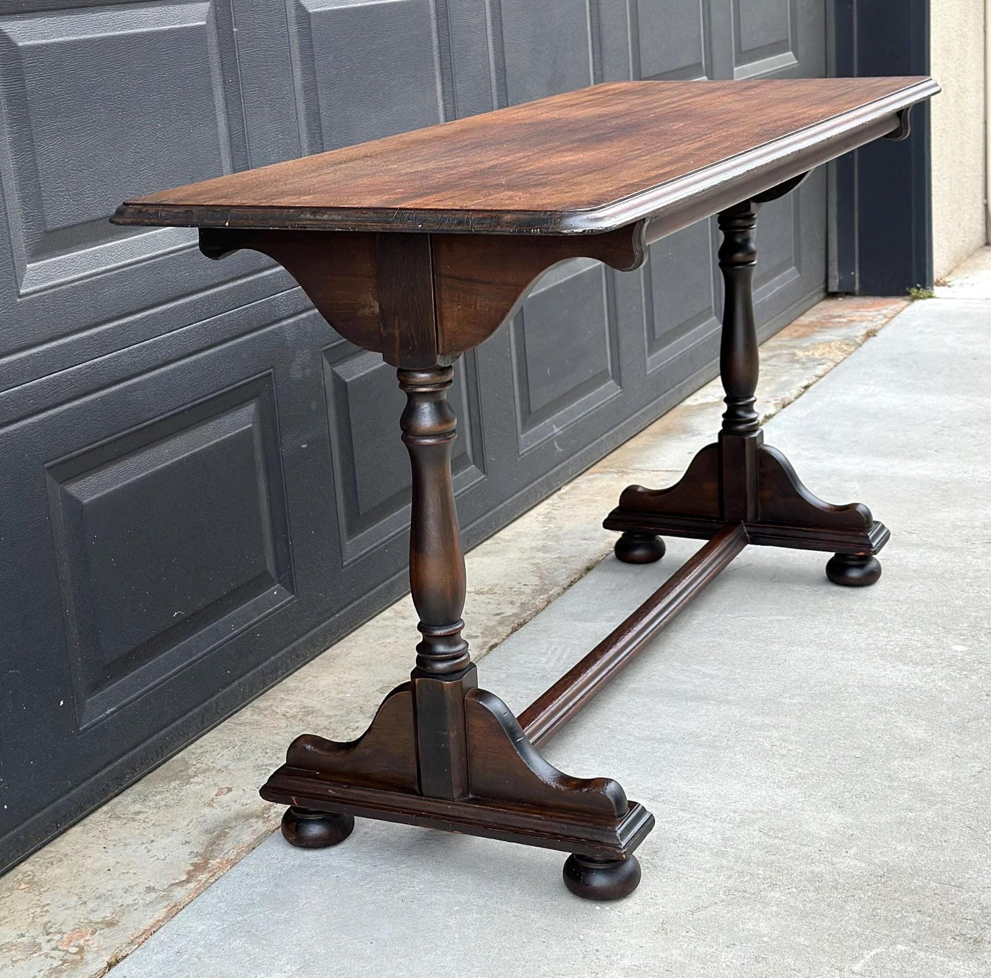 Antique Early 1900's Trestle Base Mahogany Wood Long Classic Sideboard Hallway Table