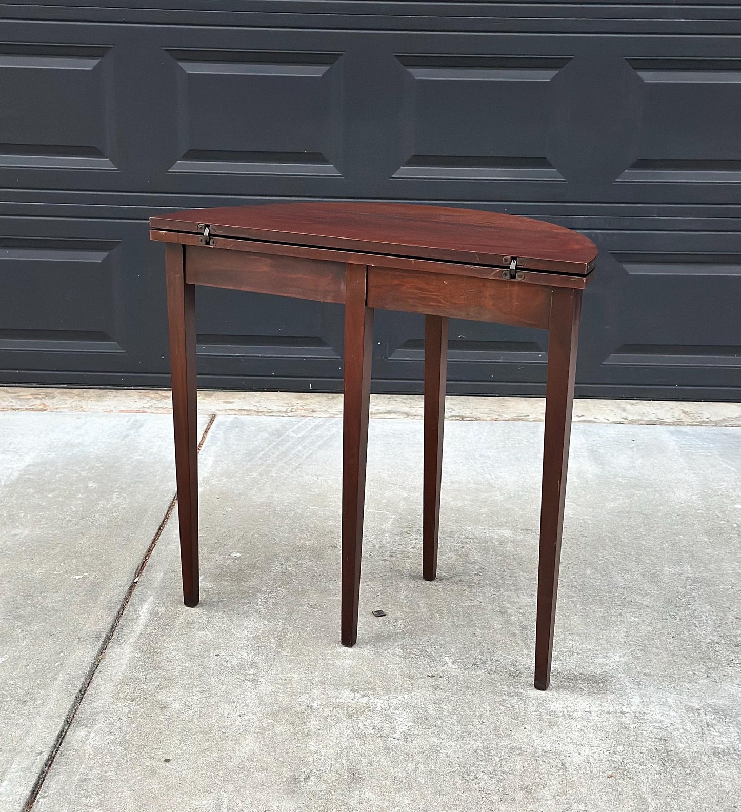 Antique Early 1900's Inlaid Mahogany Wood Folding Half Round Flip Top Card Table - Sheraton Traditional Hall Table