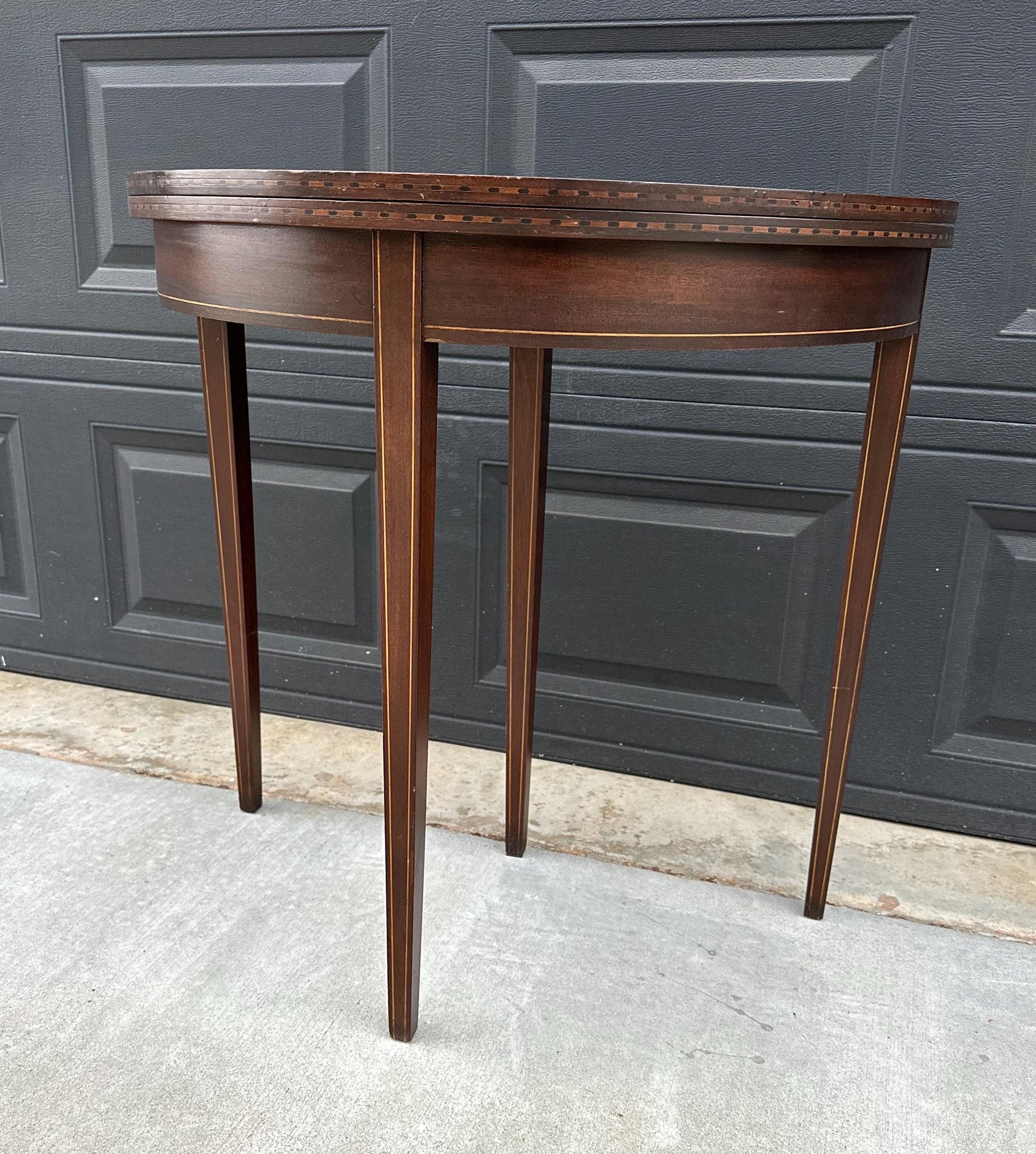 Antique Early 1900's Inlaid Mahogany Wood Folding Half Round Flip Top Card Table - Sheraton Traditional Hall Table