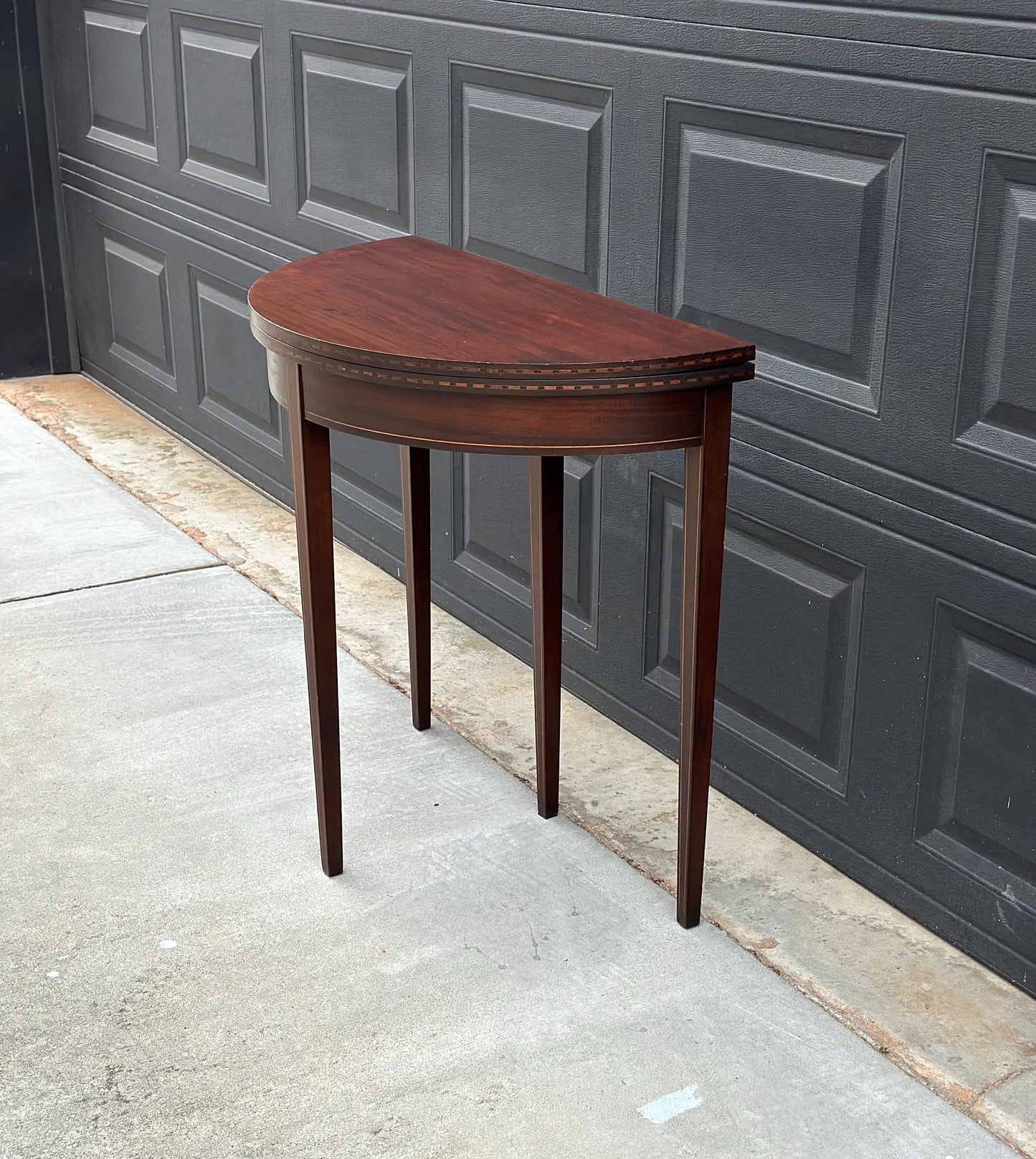 Antique Early 1900's Inlaid Mahogany Wood Folding Half Round Flip Top Card Table - Sheraton Traditional Hall Table