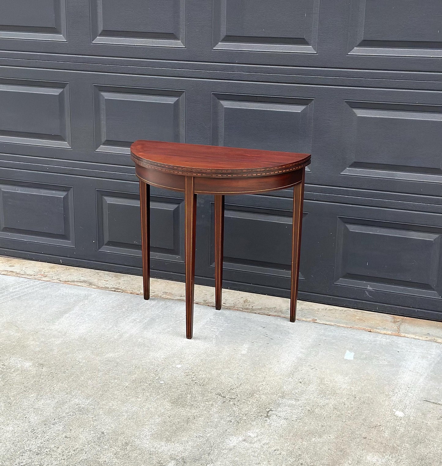 Antique Early 1900's Inlaid Mahogany Wood Folding Half Round Flip Top Card Table - Sheraton Traditional Hall Table