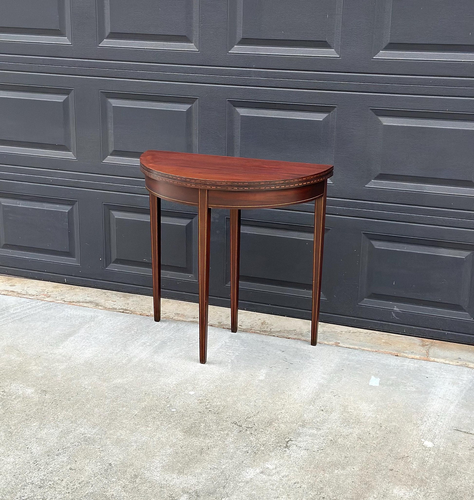 Antique Early 1900's Inlaid Mahogany Wood Folding Half Round Flip Top Card Table - Sheraton Traditional Hall Table