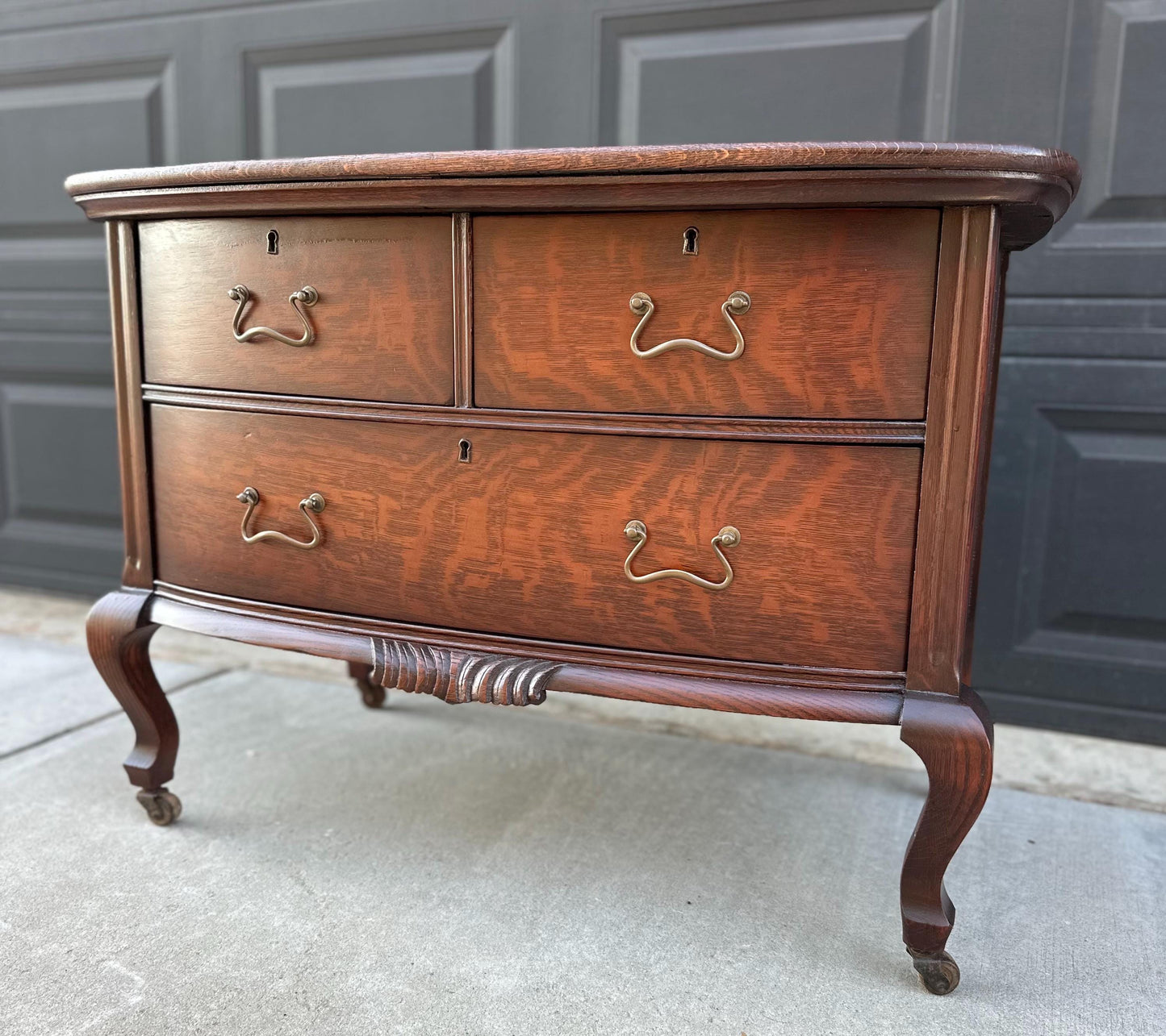 Antique Early 1900's Tiger Oak Georgian Solid Wood Low Bowfront Accent Table on Casters