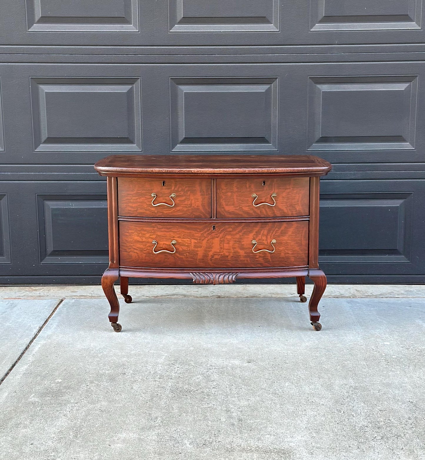 Antique Early 1900's Tiger Oak Georgian Solid Wood Low Bowfront Accent Table on Casters