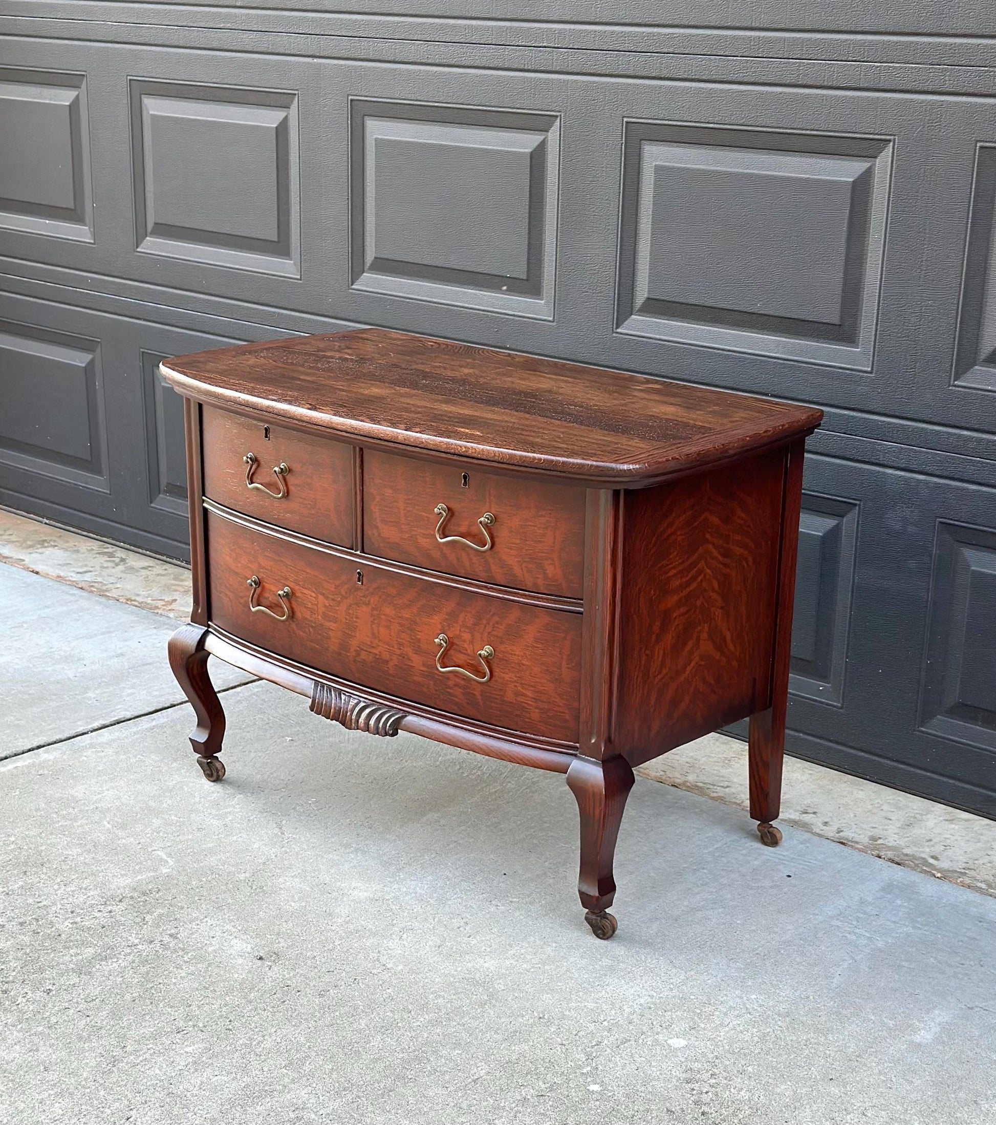 Antique Early 1900's Tiger Oak Georgian Solid Wood Low Bowfront Accent Table on Casters