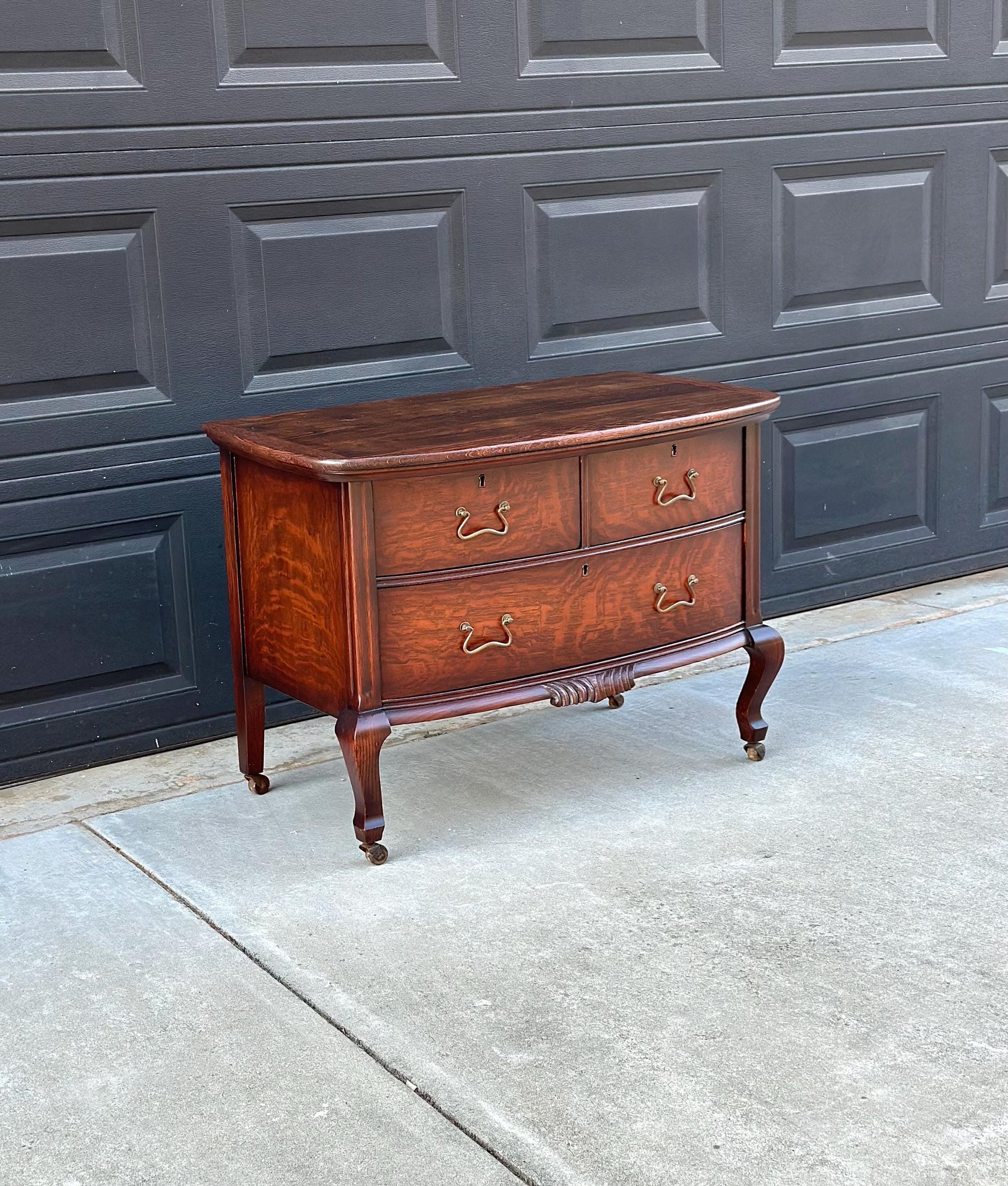 Antique Early 1900's Tiger Oak Georgian Solid Wood Low Bowfront Accent Table on Casters