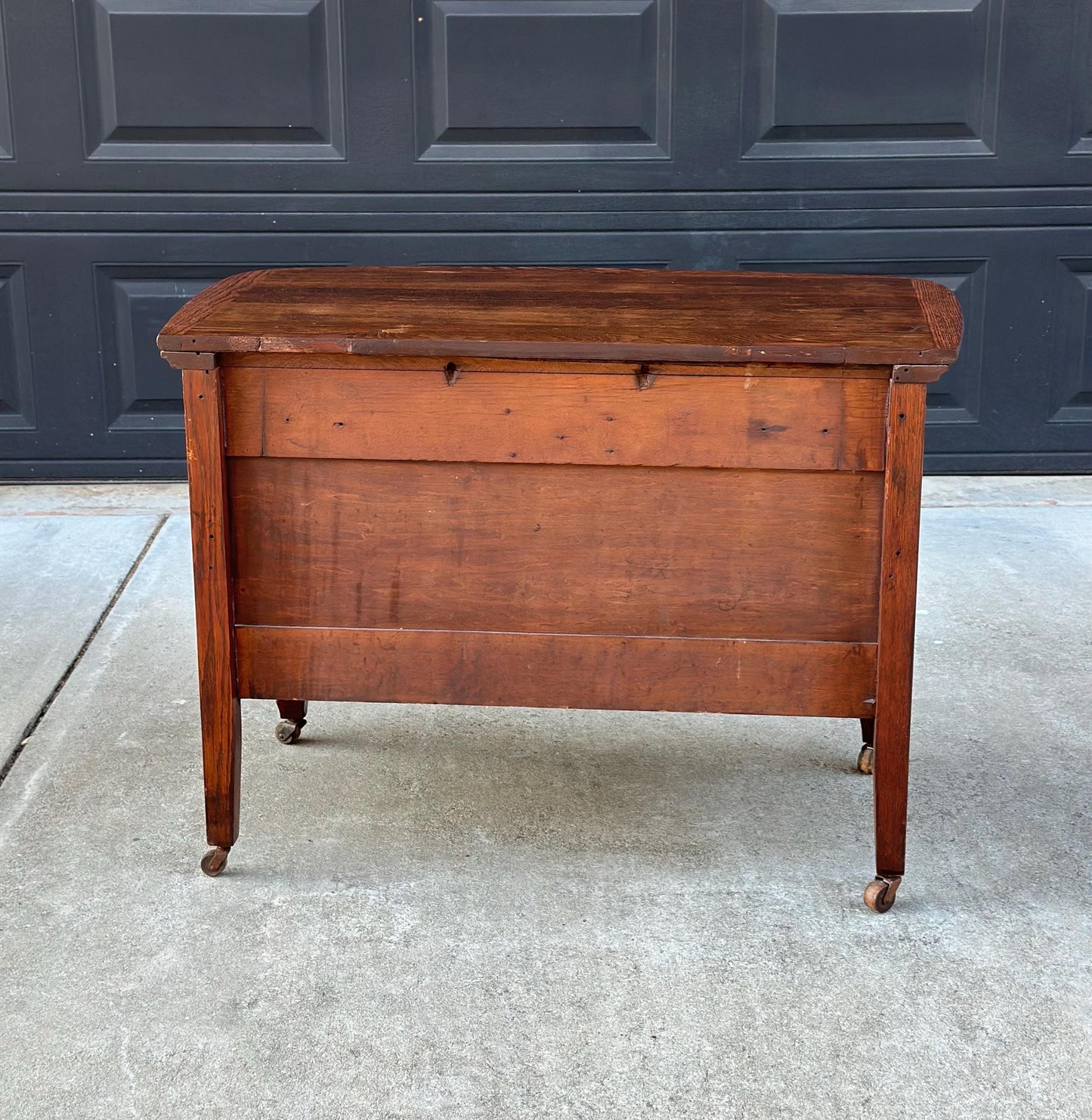 Antique Early 1900's Tiger Oak Georgian Solid Wood Low Bowfront Accent Table on Casters