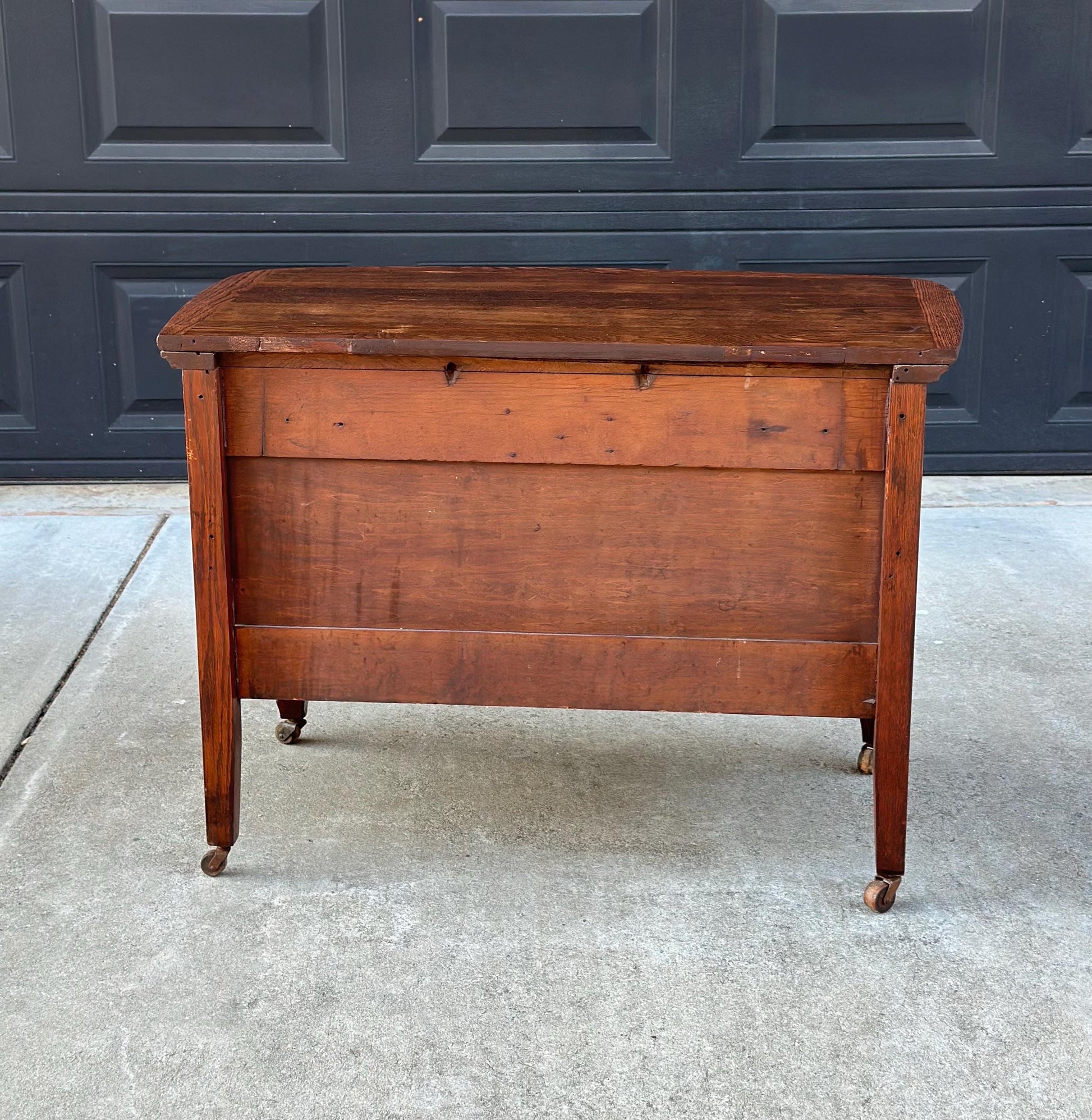 Antique Early 1900's Tiger Oak Georgian Solid Wood Low Bowfront Accent Table on Casters
