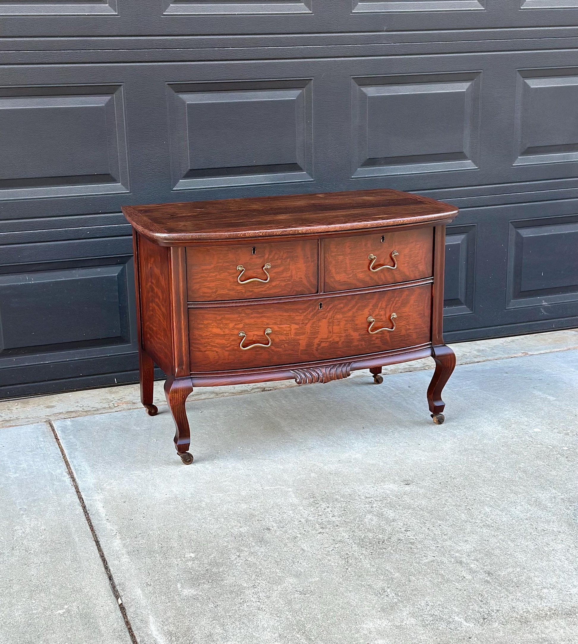 Antique Early 1900's Tiger Oak Georgian Solid Wood Low Bowfront Accent Table on Casters