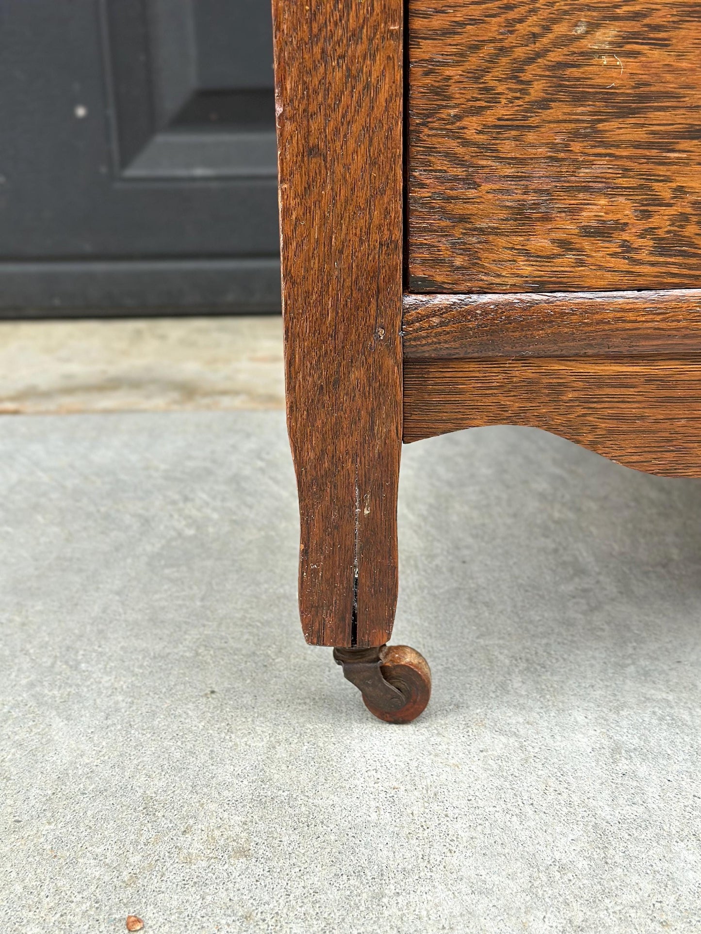 Antique Late 1900's Solid Tiger Oak Wood Storage Accent Chest with Drawers & Cabinet on Casters