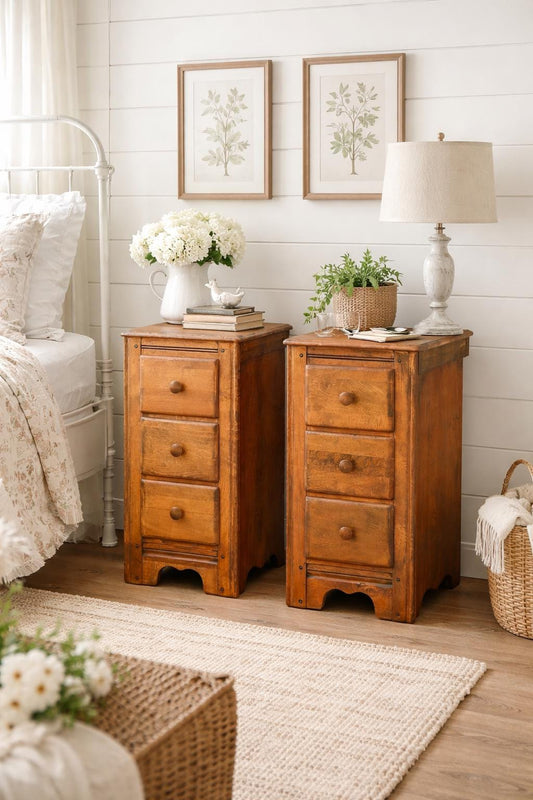 ready Antique Early 1900's Solid Wood Drawer Stack Maple Bedside Tables - a Pair