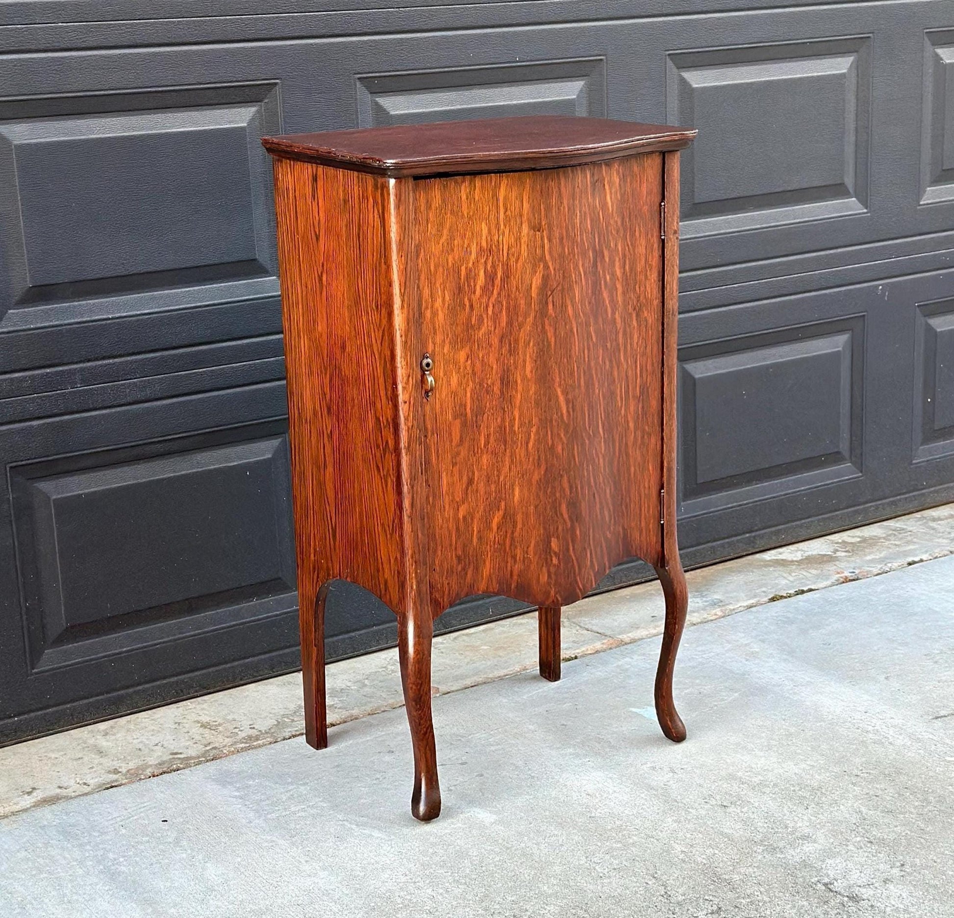 Antique Early 1900's Tall Tiger Oak Table Enclosed Storage Cabinet