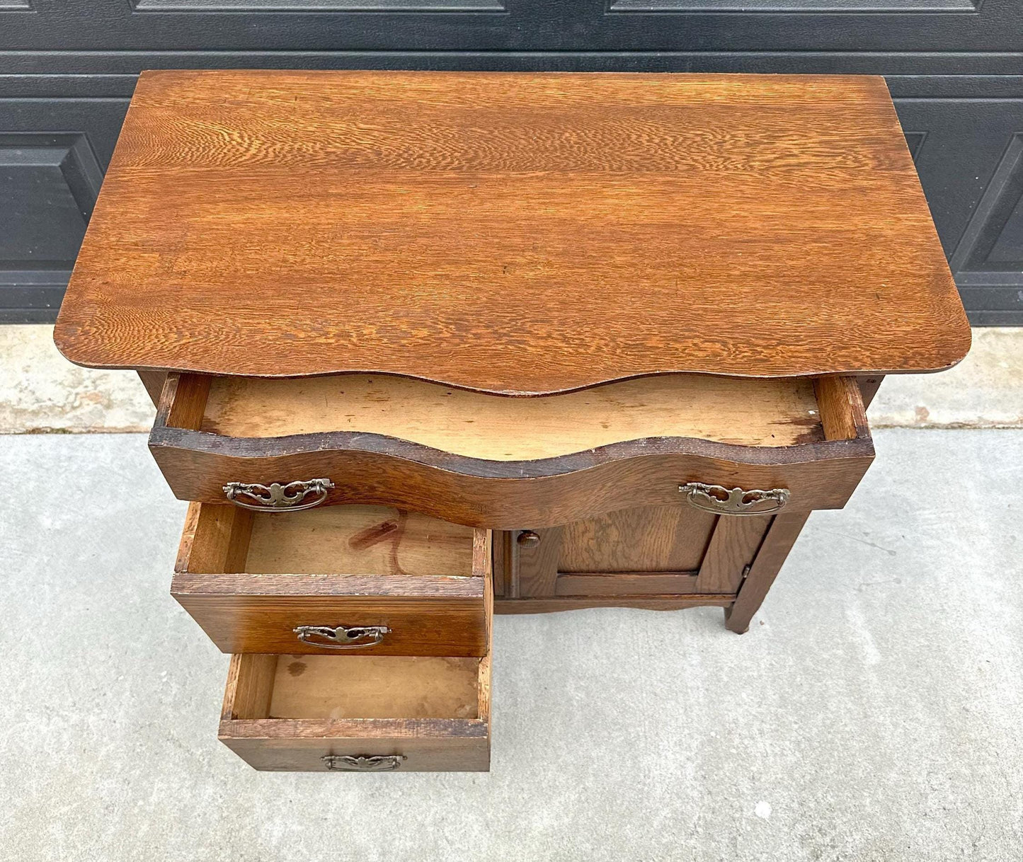 Antique Late 1900's Solid Tiger Oak Wood Storage Accent Chest with Drawers & Cabinet on Casters