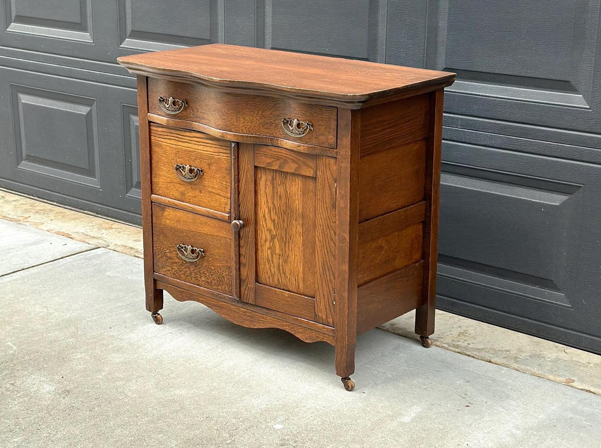 Antique Late 1900's Solid Tiger Oak Wood Storage Accent Chest with Drawers & Cabinet on Casters