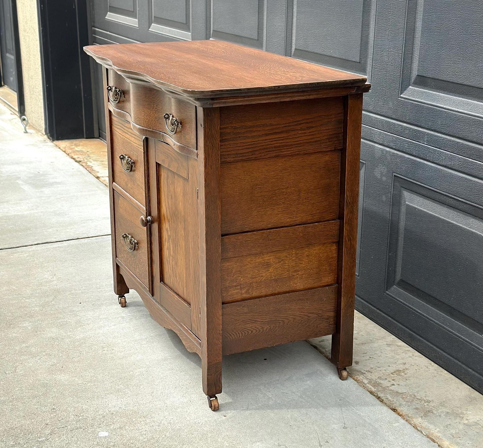 Antique Late 1900's Solid Tiger Oak Wood Storage Accent Chest with Drawers & Cabinet on Casters