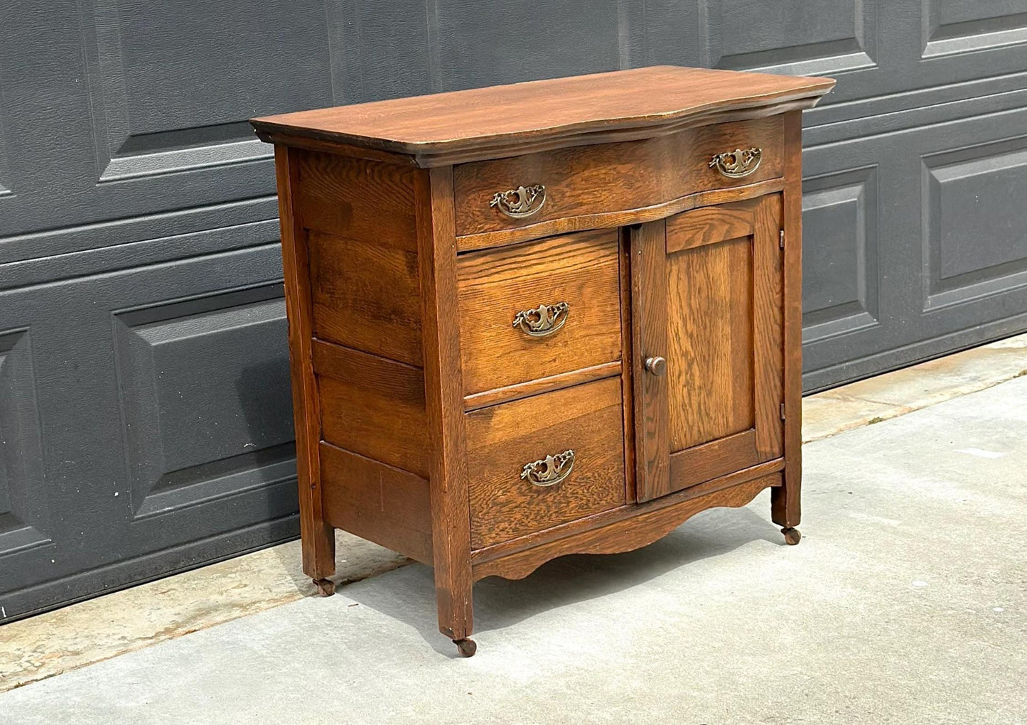 Antique Late 1900's Solid Tiger Oak Wood Storage Accent Chest with Drawers & Cabinet on Casters