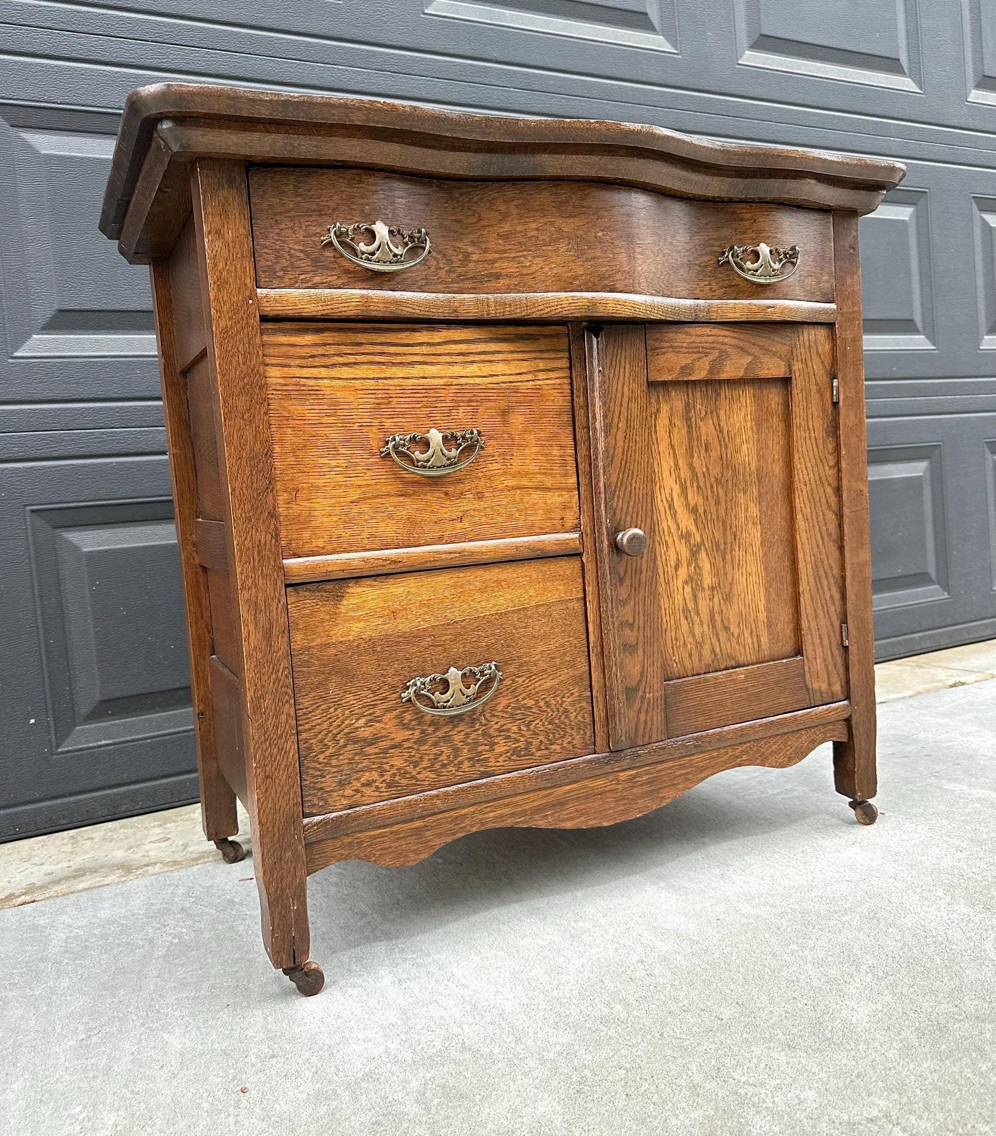 Antique Late 1900's Solid Tiger Oak Wood Storage Accent Chest with Drawers & Cabinet on Casters