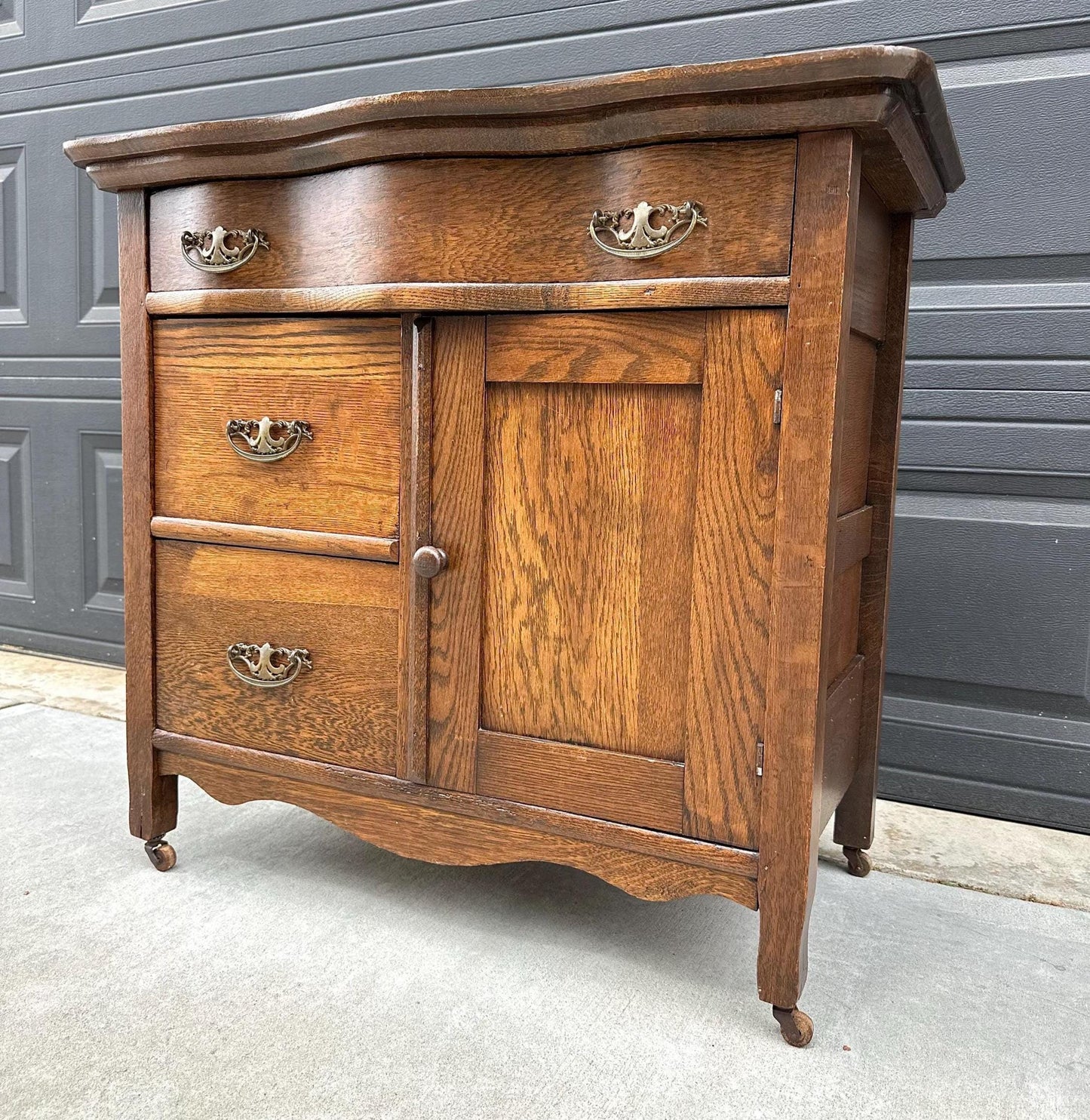 Antique Late 1900's Solid Tiger Oak Wood Storage Accent Chest with Drawers & Cabinet on Casters