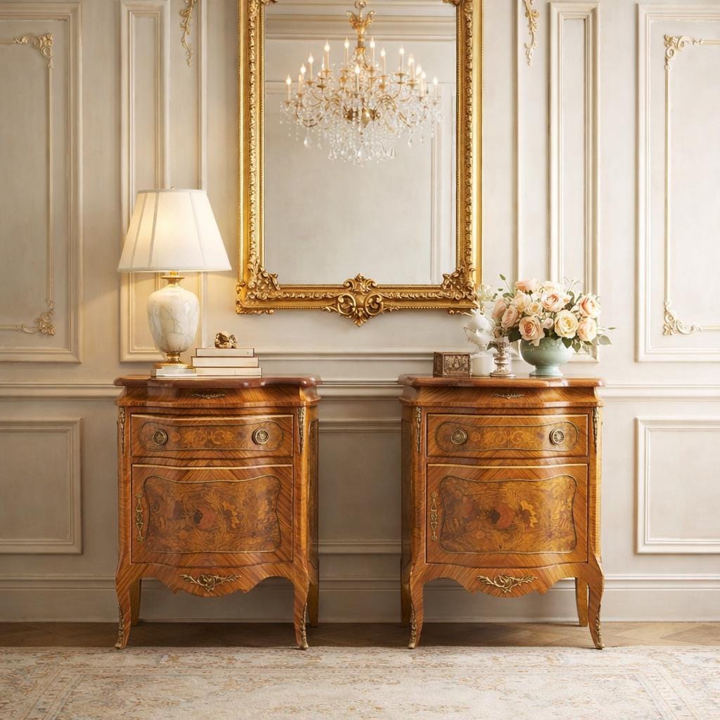 Antique Late 1800's Victorian Floral Burlwood Brass Accent Table Solid Oak Demi Lune Chests with Drawer - a Pair