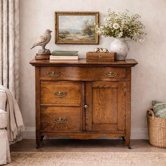 Antique Late 1900's Solid Tiger Oak Wood Storage Accent Chest with Drawers & Cabinet on Casters