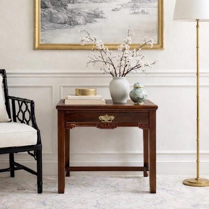 Vintage Mid 1900's Traditional Chinese Chippendale Single Drawer Mahogany Wood End Table