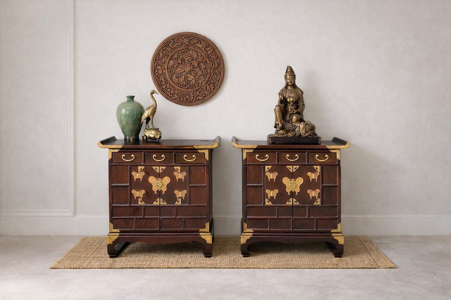 Vintage Mid 1900's Solid Wood & Brass Oriental Chest Side Cabinet Table Set - a Pair