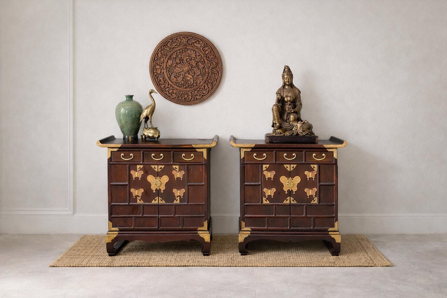 Vintage Mid 1900's Solid Wood & Brass Oriental Chest Side Cabinet Table Set - a Pair