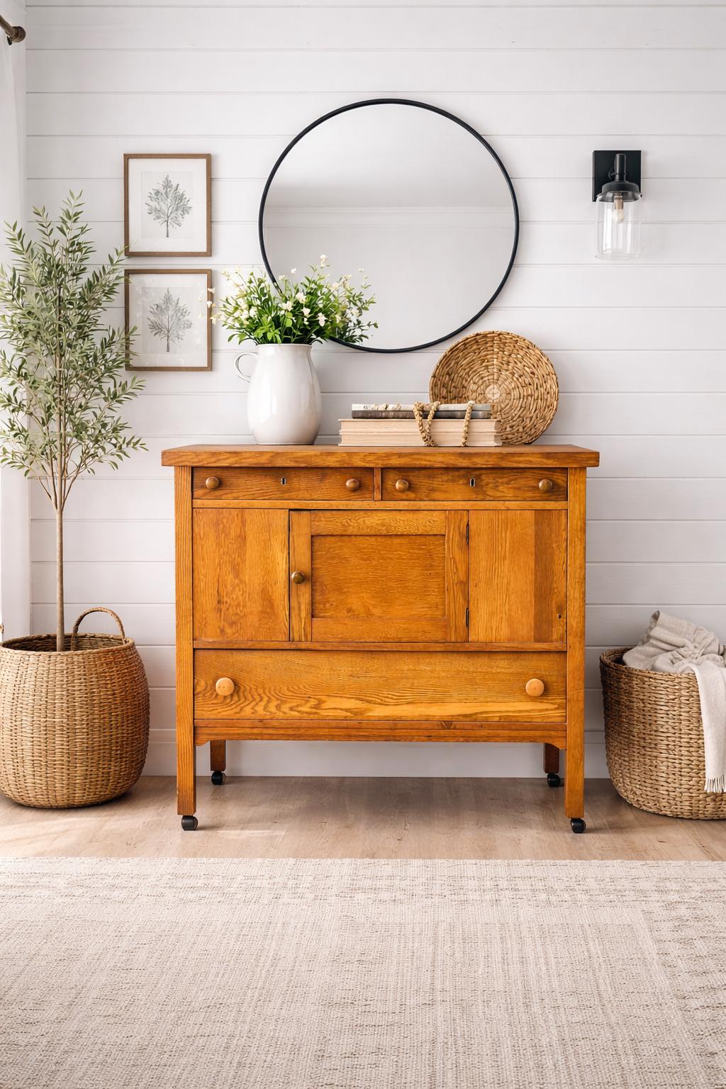 Antique Early 1900's Solid Oak Large Edwardian Chest & Cabinet on Casters