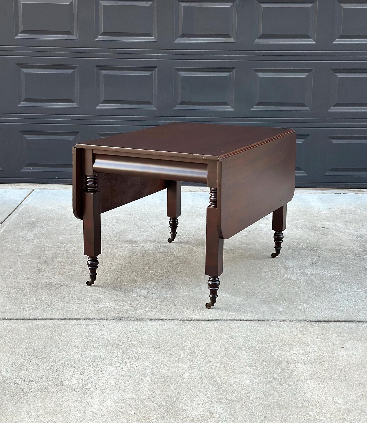Antique Mid 1800's Mahogany Empire Spindle Leg Drop Leaf Solid Wood Dining Table on Castors