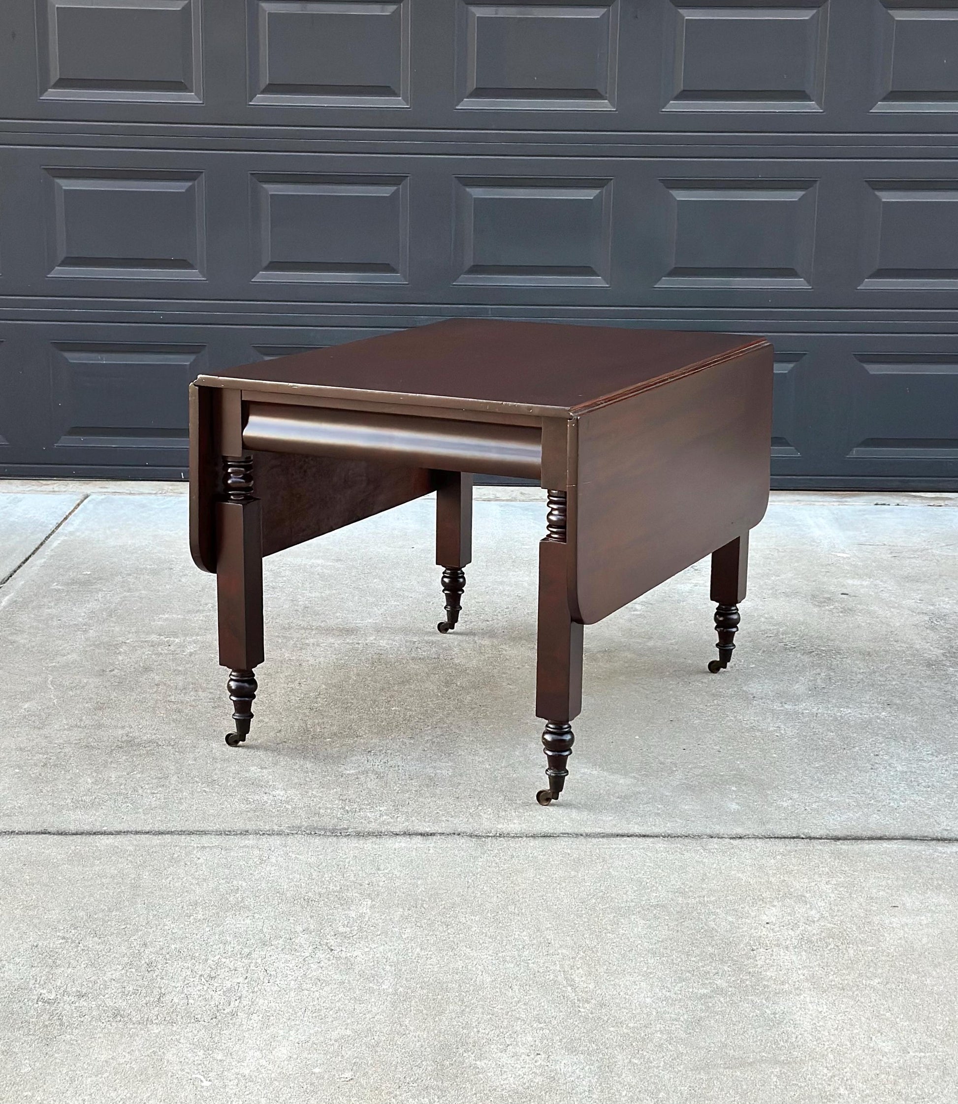 Antique Mid 1800's Mahogany Empire Spindle Leg Drop Leaf Solid Wood Dining Table on Castors
