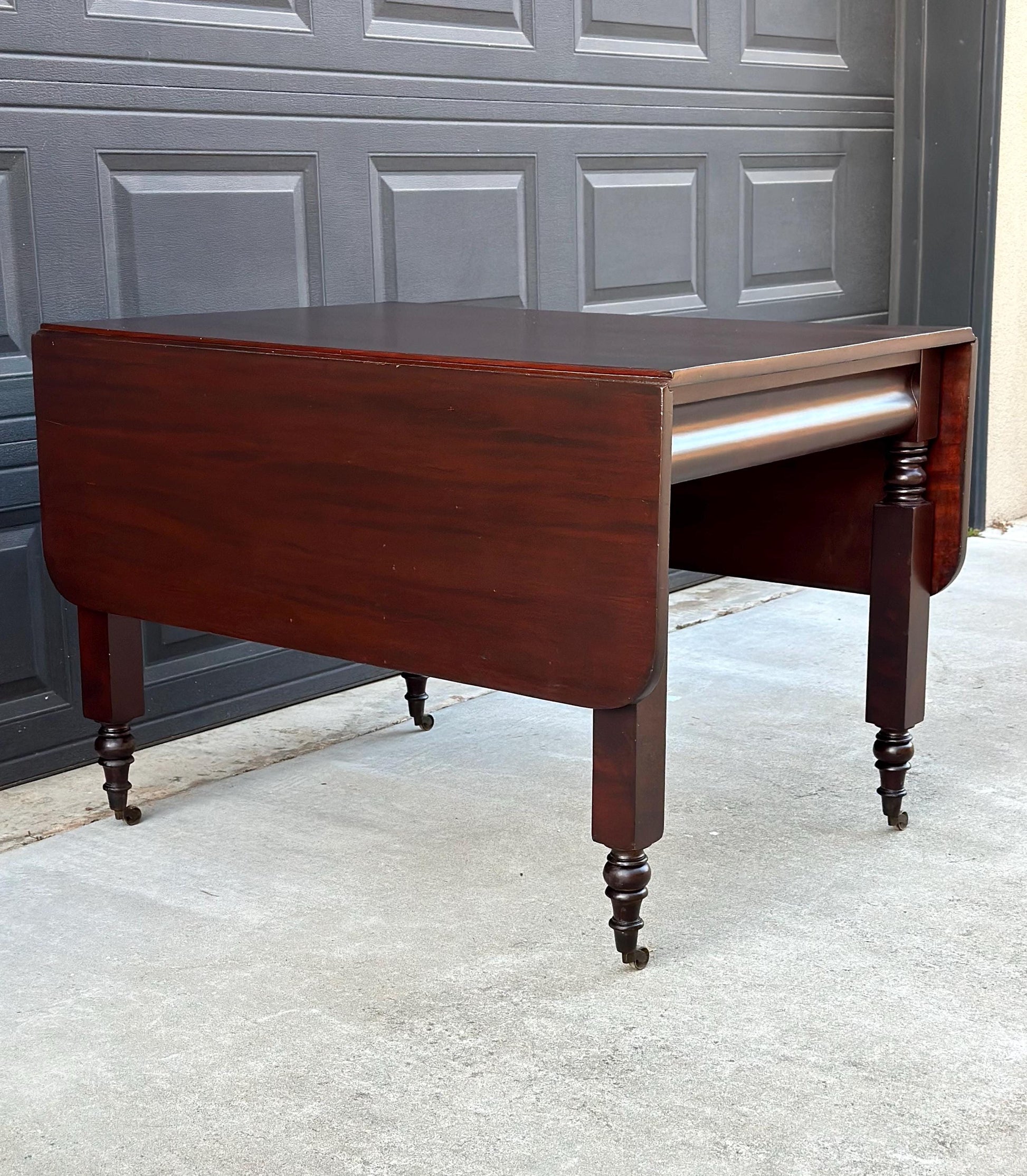 Antique Mid 1800's Mahogany Empire Spindle Leg Drop Leaf Solid Wood Dining Table on Castors