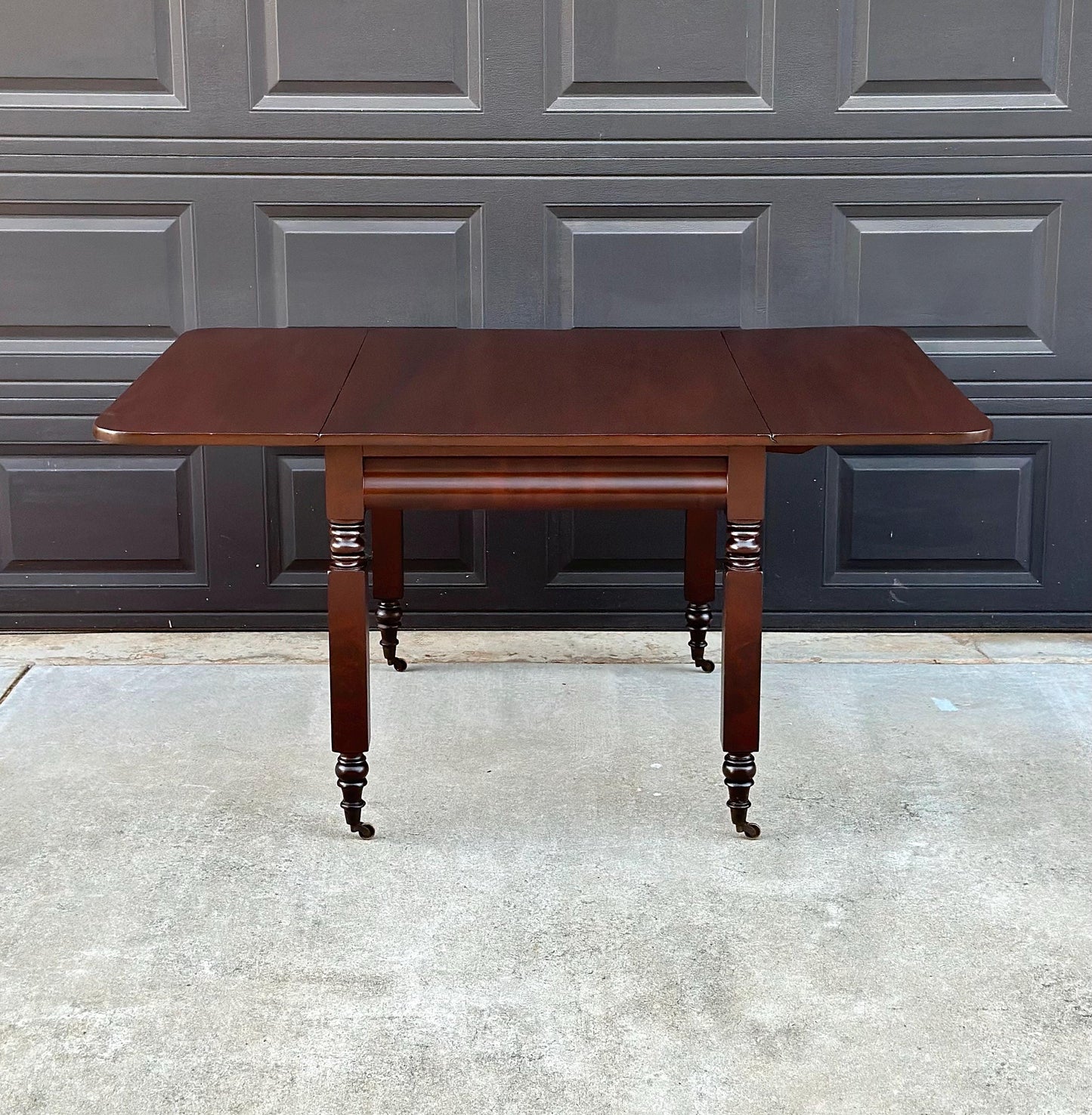 Antique Mid 1800's Mahogany Empire Spindle Leg Drop Leaf Solid Wood Dining Table on Castors