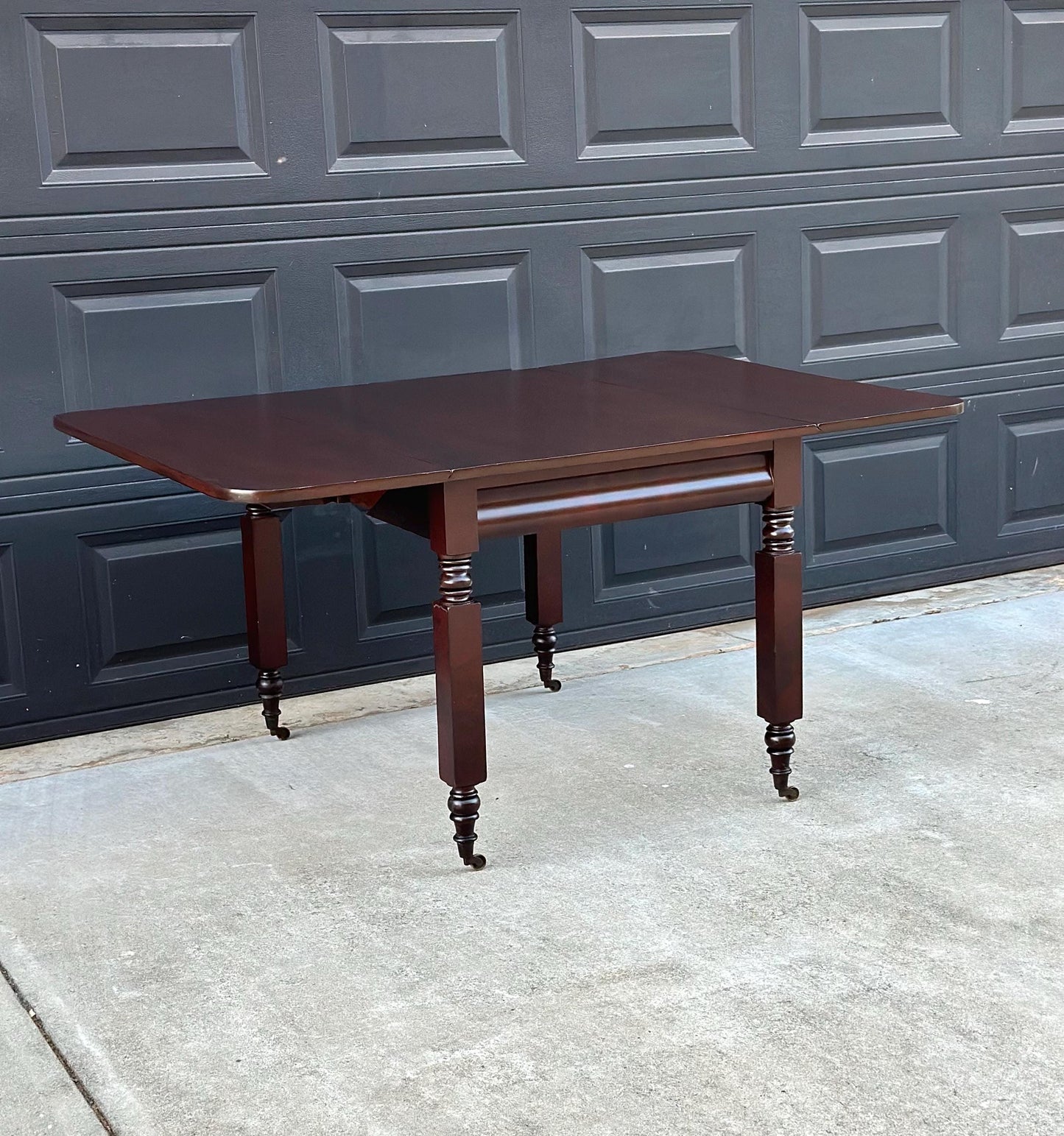 Antique Mid 1800's Mahogany Empire Spindle Leg Drop Leaf Solid Wood Dining Table on Castors