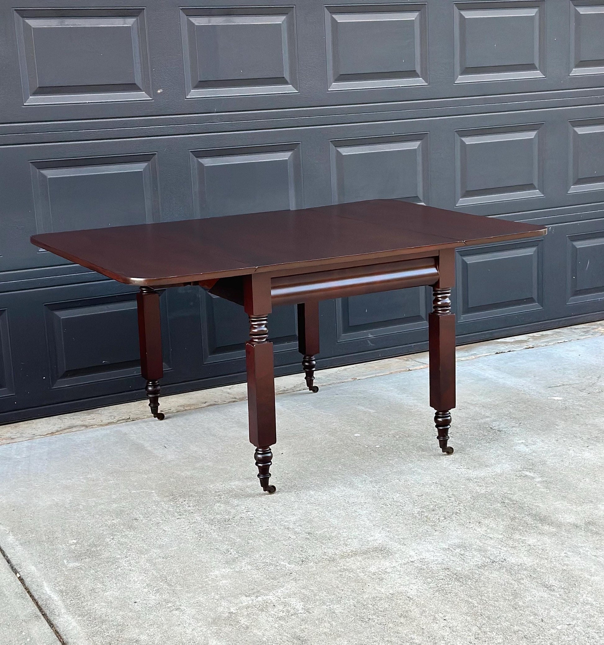 Antique Mid 1800's Mahogany Empire Spindle Leg Drop Leaf Solid Wood Dining Table on Castors