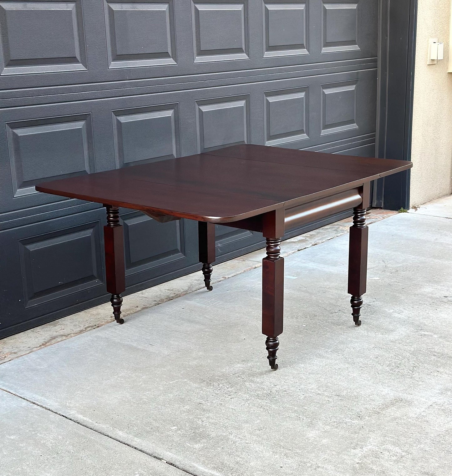 Antique Mid 1800's Mahogany Empire Spindle Leg Drop Leaf Solid Wood Dining Table on Castors