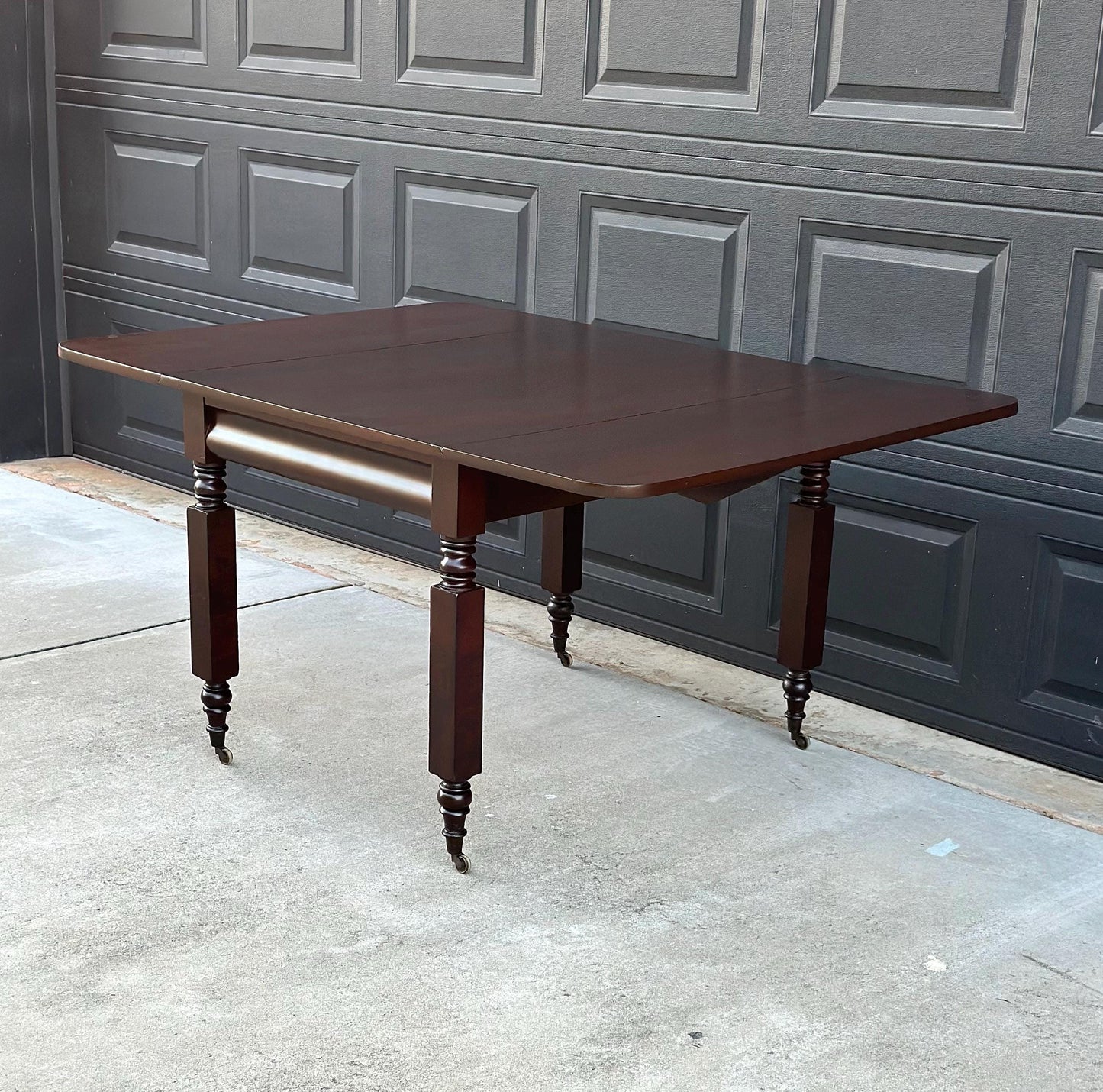Antique Mid 1800's Mahogany Empire Spindle Leg Drop Leaf Solid Wood Dining Table on Castors