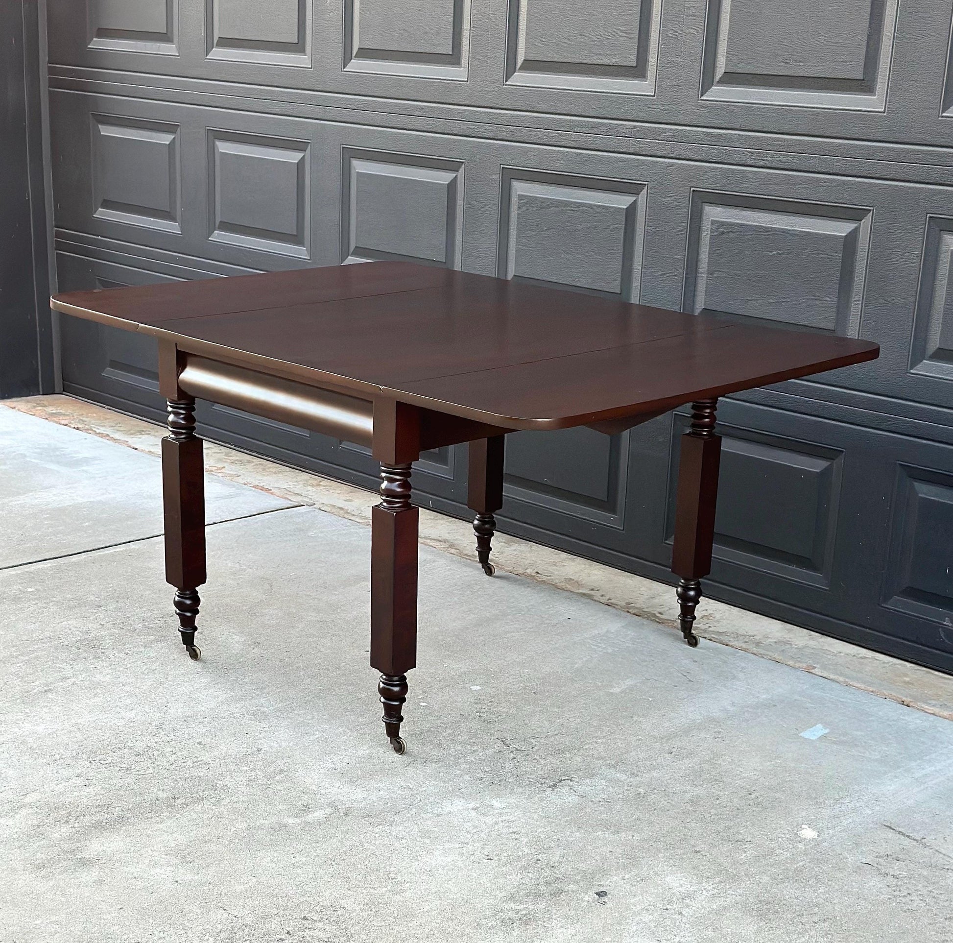 Antique Mid 1800's Mahogany Empire Spindle Leg Drop Leaf Solid Wood Dining Table on Castors