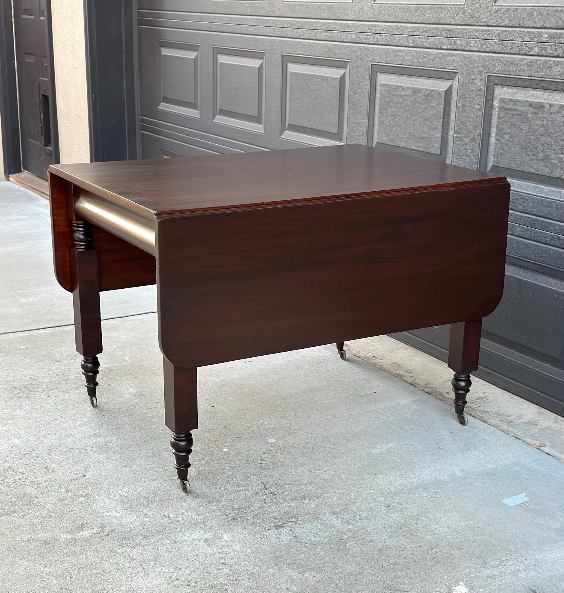 Antique Mid 1800's Mahogany Empire Spindle Leg Drop Leaf Solid Wood Dining Table on Castors