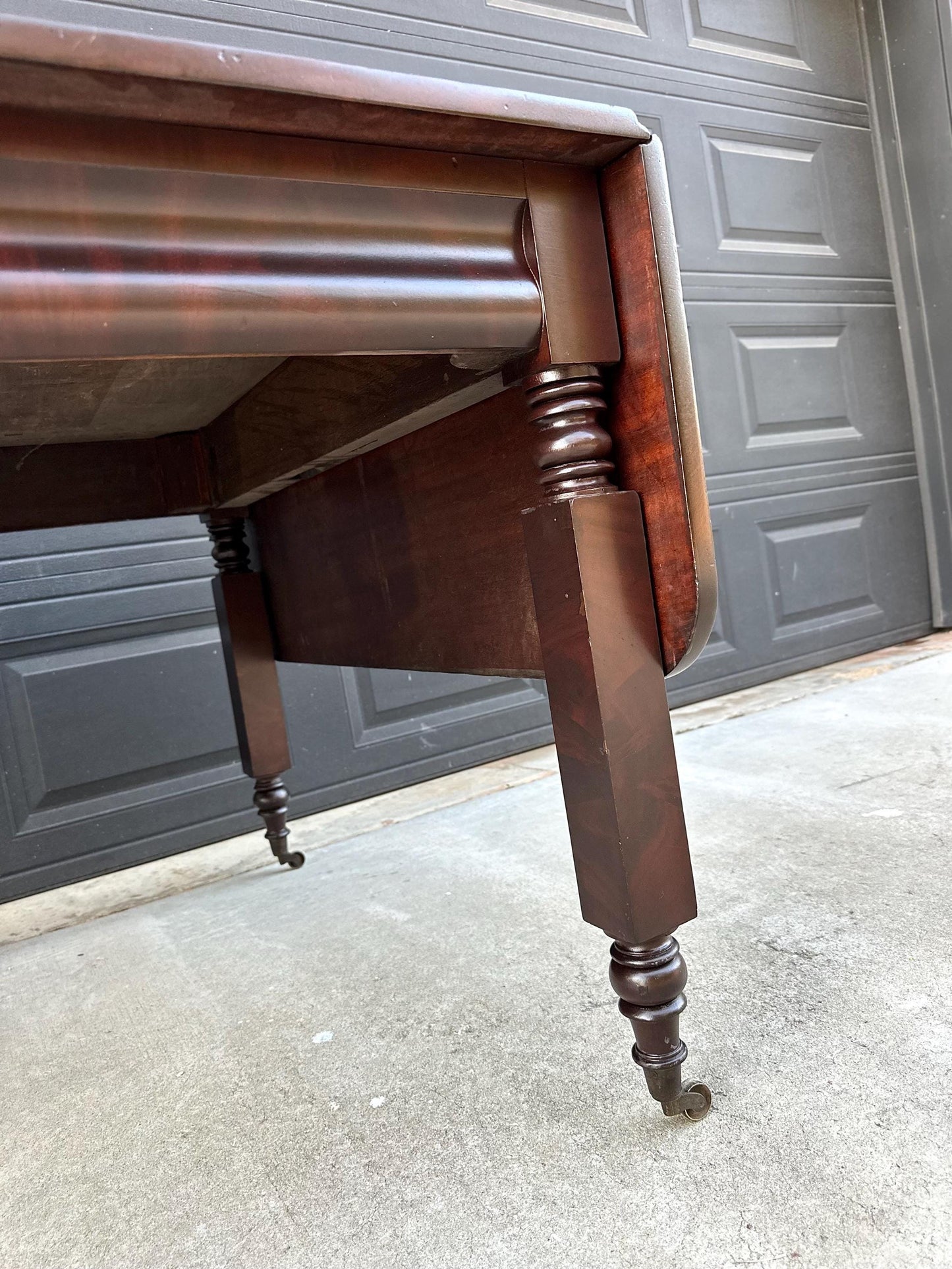 Antique Mid 1800's Mahogany Empire Spindle Leg Drop Leaf Solid Wood Dining Table on Castors